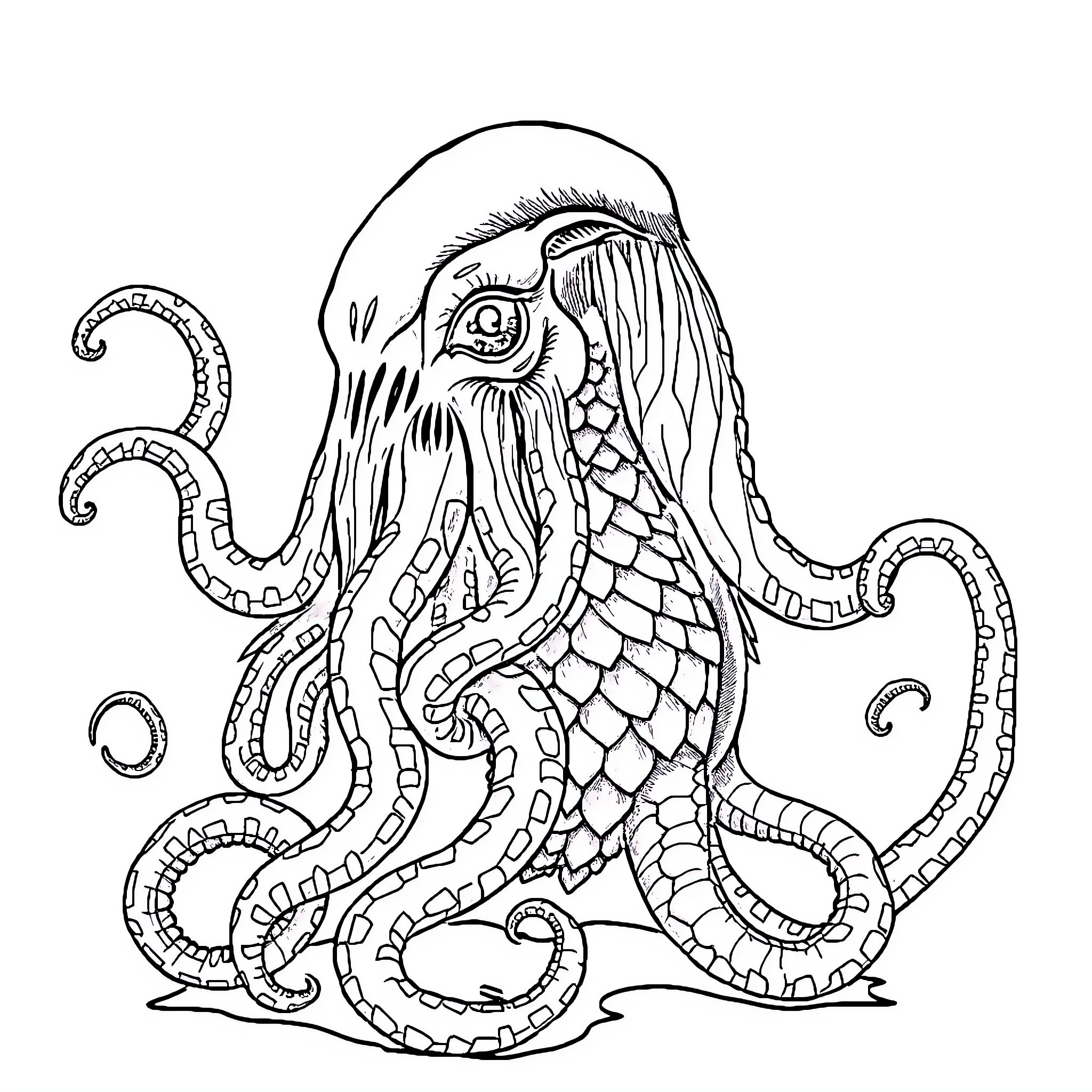 Cthulhu's Intricate Aquatic Manifestation Coloring Page (free black-and-white line drawing printable PDF for all, from beginners to advanced learners, including children, teens, adults, and seniors)