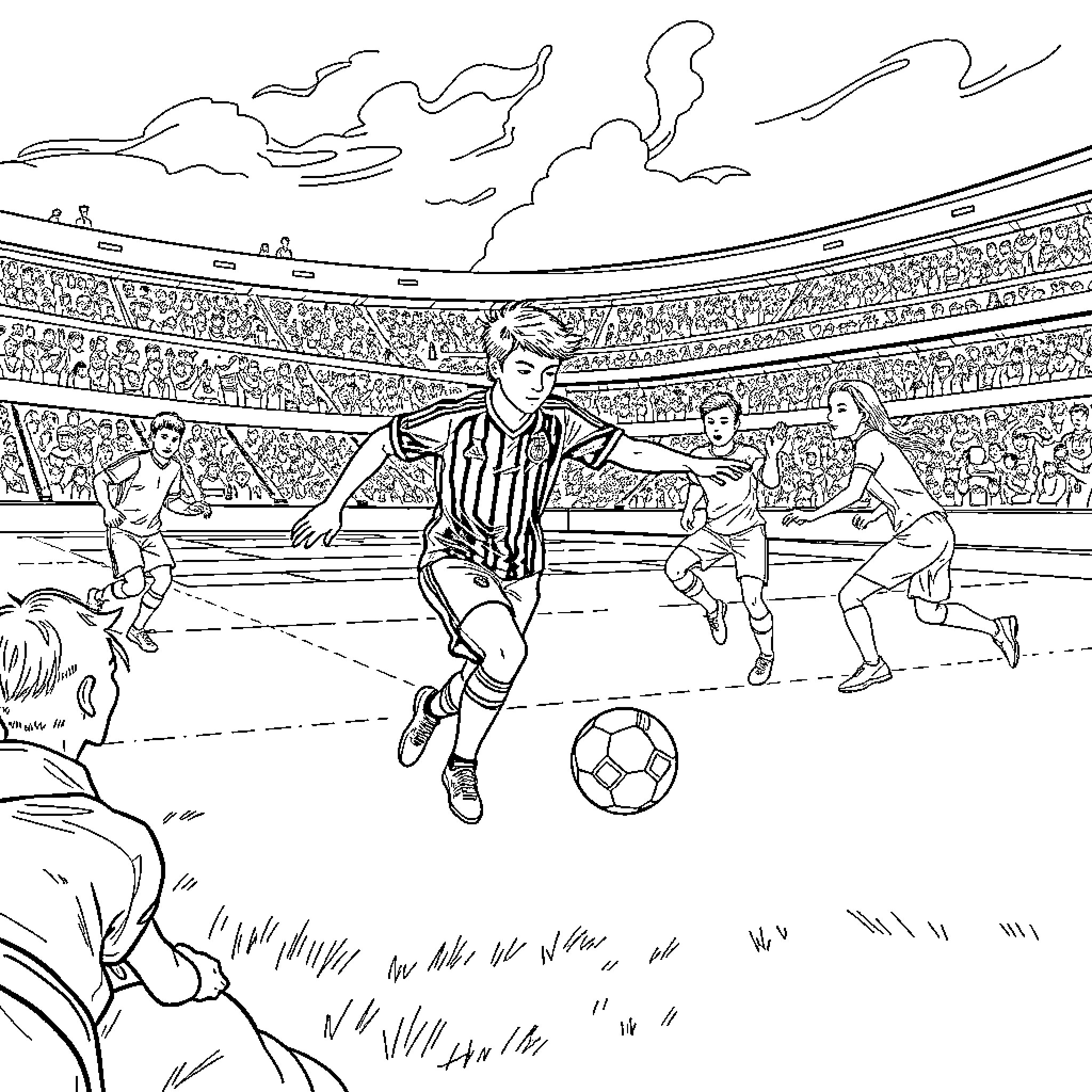 Football Player Competing in Intense Match Coloring Page (free black-and-white line drawing printable PDF for all, from beginners to advanced learners, including children, teens, adults, and seniors)