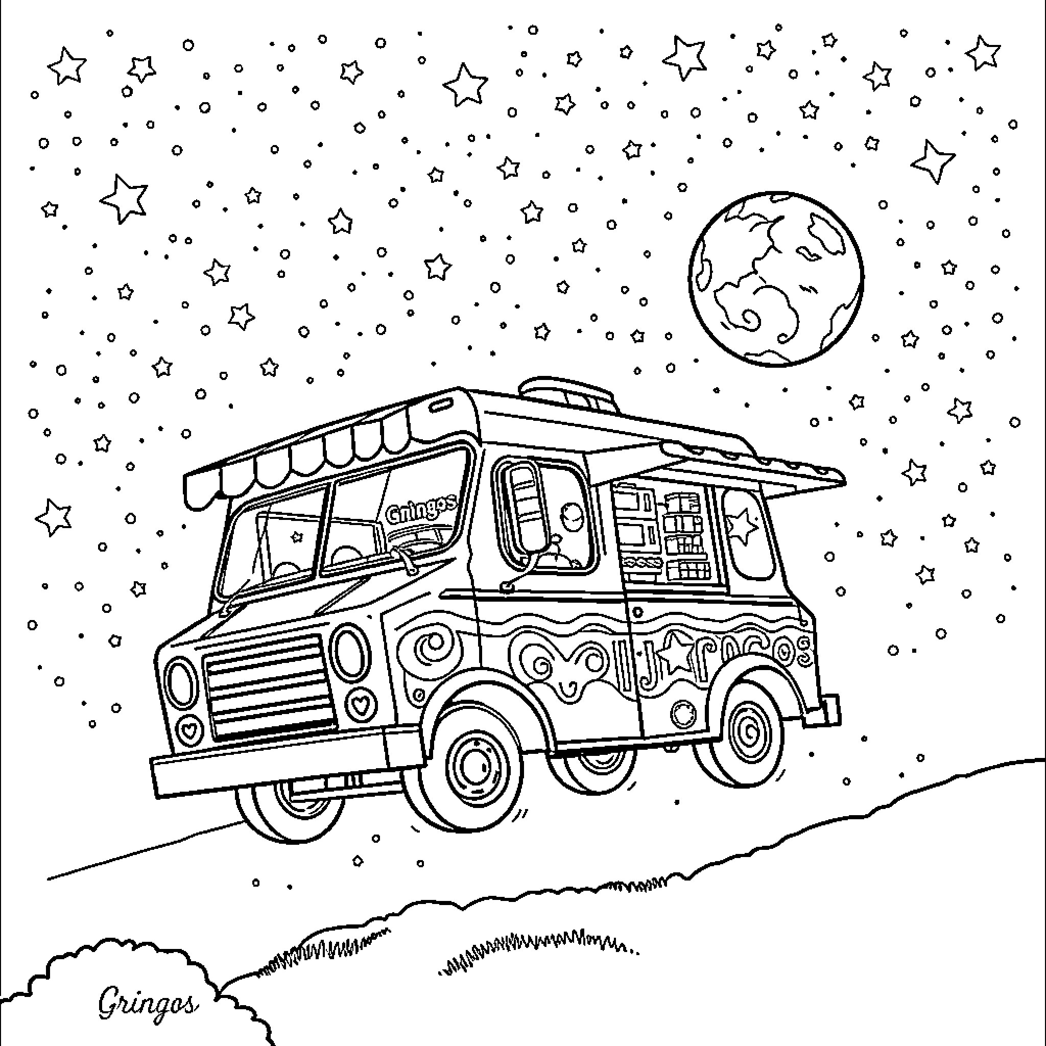 Food Truck Travels Under the Starry Night Sky Coloring Page (free black-and-white line drawing printable PDF for all, from beginners to advanced learners, including children, teens, adults, and seniors)