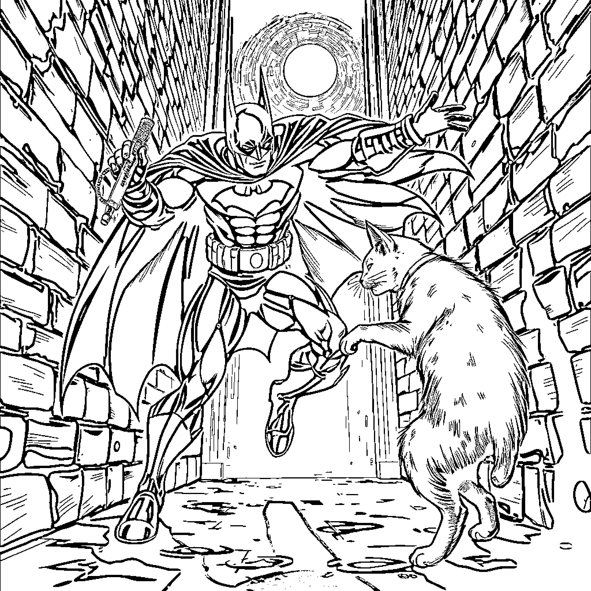 Batman's Heroic Encounter in the Dark Alley Coloring Page (free black-and-white line drawing printable PDF for all, from beginners to advanced learners, including children, teens, adults, and seniors)