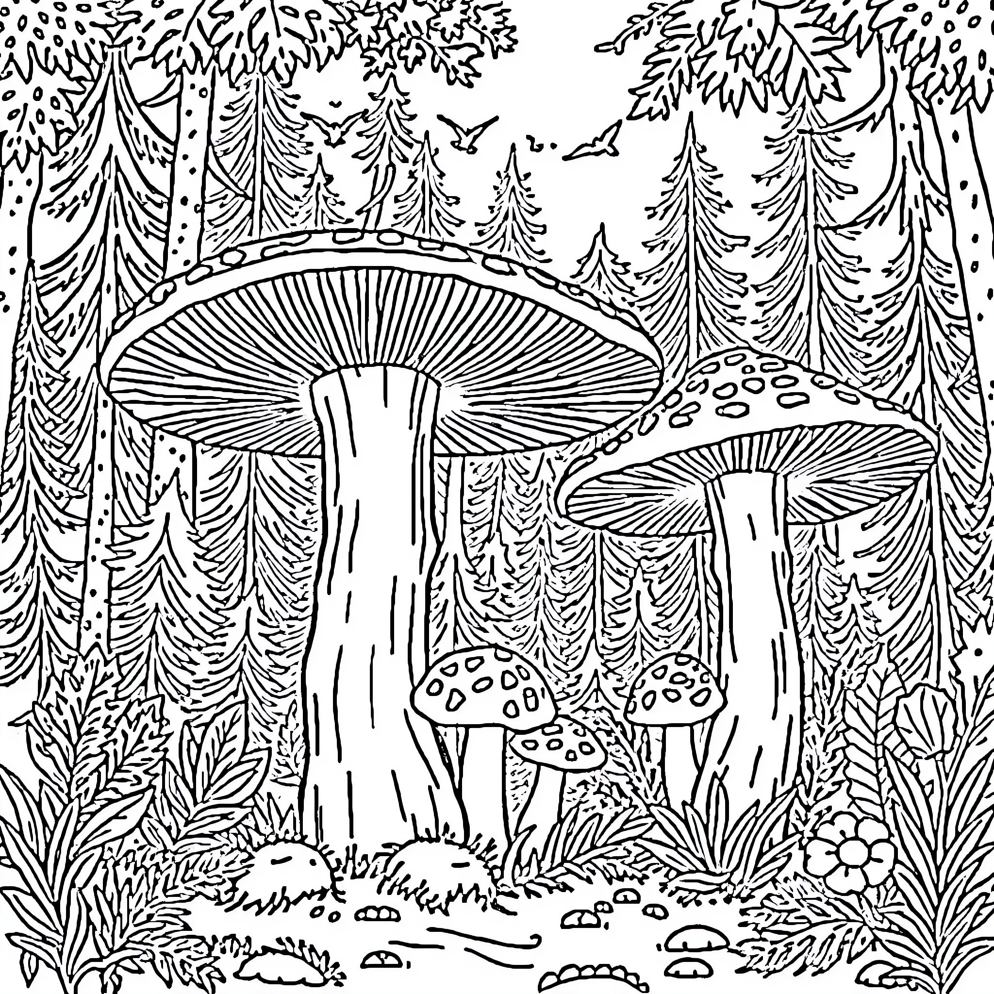 Mushroom Fantasy Forest Scene Coloring Page (free black-and-white line drawing printable PDF for all, from beginners to advanced learners, including children, teens, adults, and seniors)
