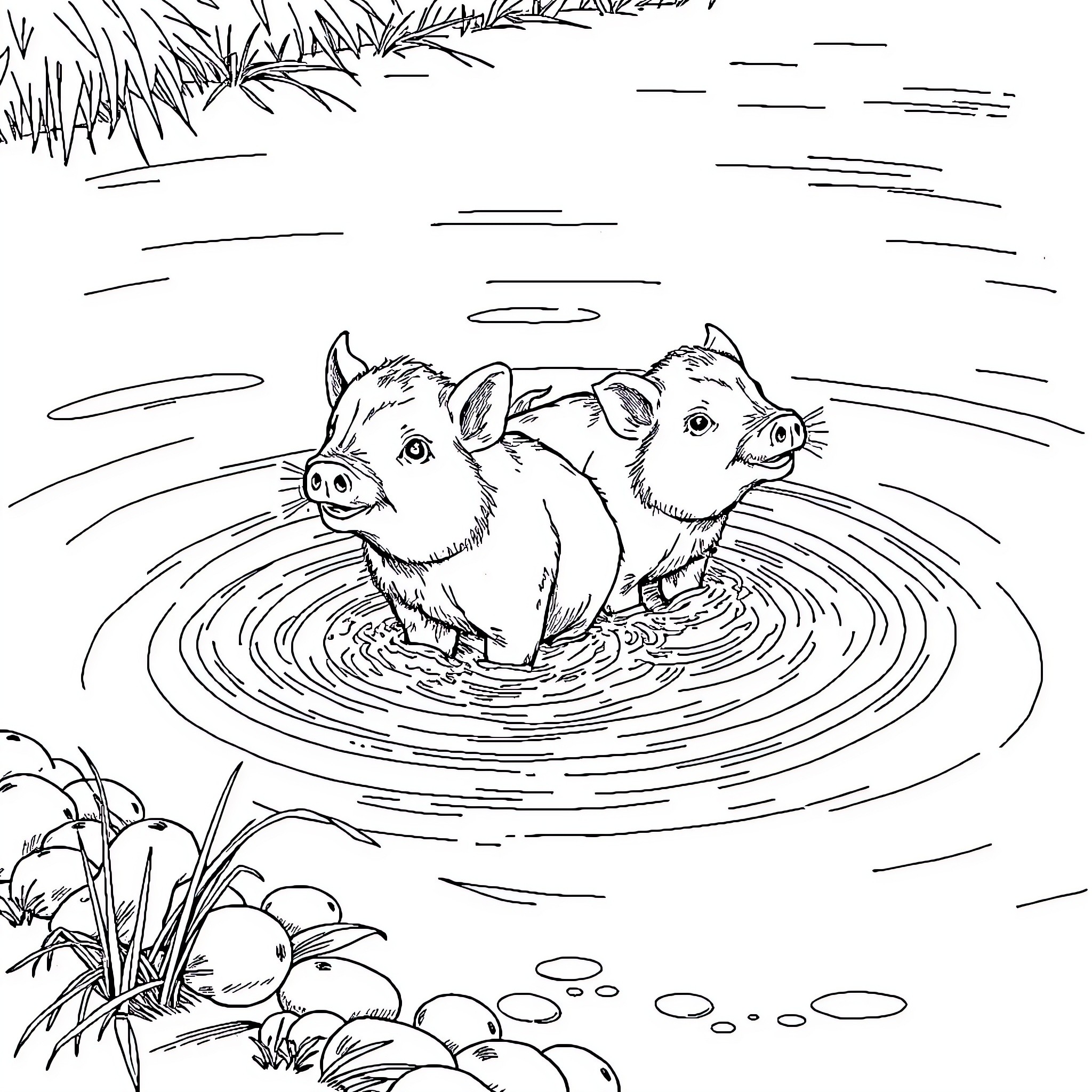 Pigs splashing in the pond Coloring Page (free black-and-white line drawing printable PDF for all, from beginners to advanced learners, including children, teens, adults, and seniors)