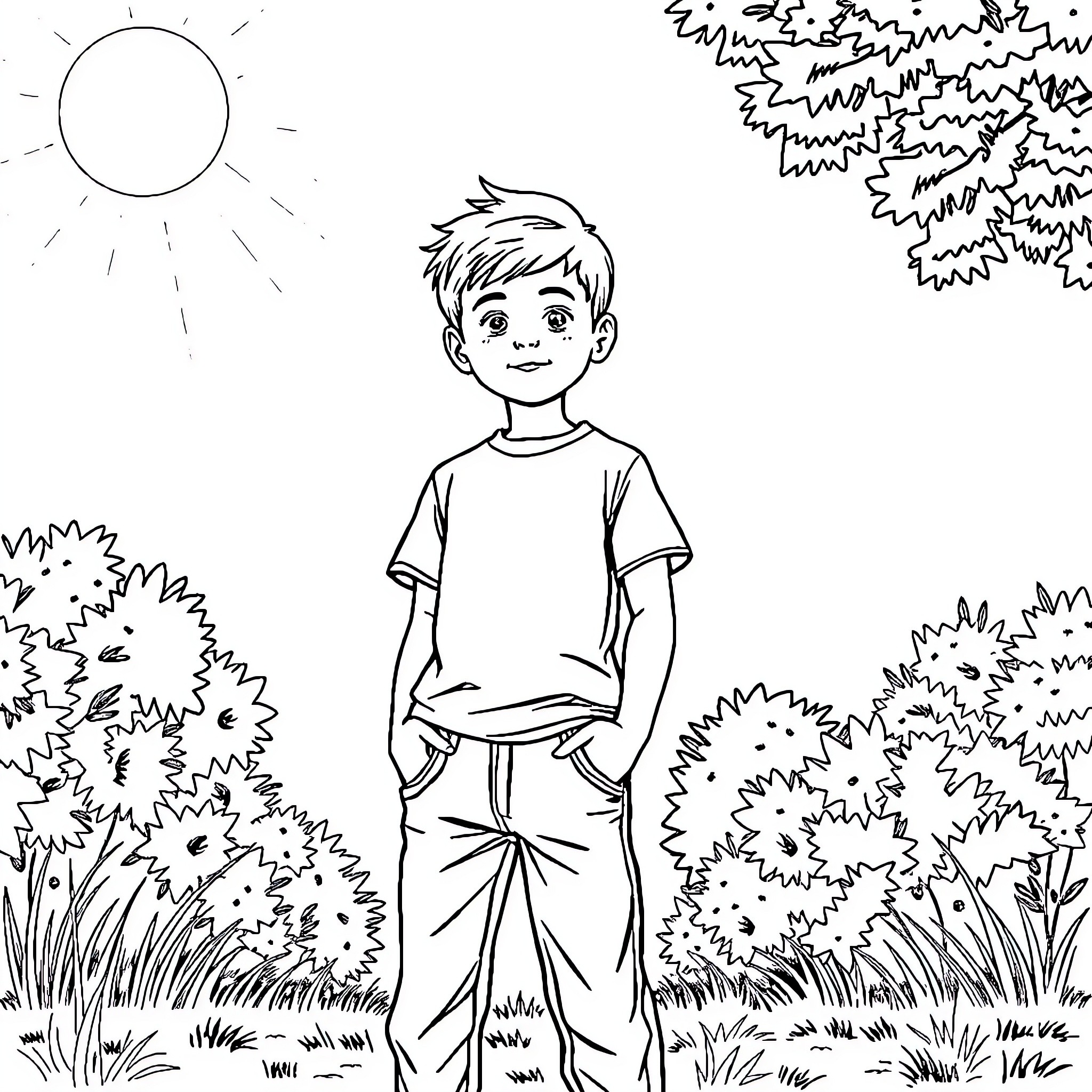 Boy standing in nature's scenery Coloring Page (free black-and-white line drawing printable PDF for all, from beginners to advanced learners, including children, teens, adults, and seniors)