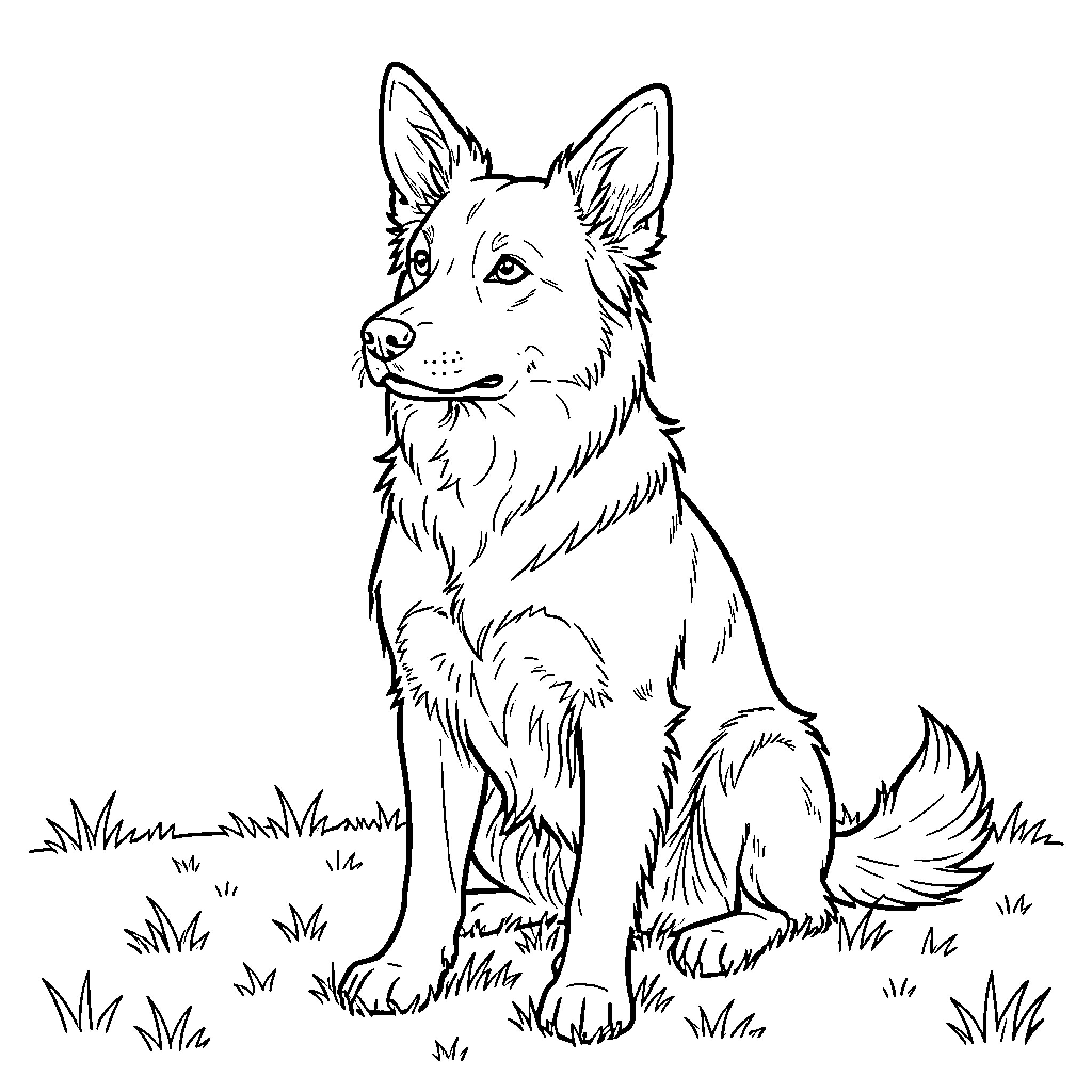 Dog sitting in grassy field Coloring Page (free black-and-white line drawing printable PDF for all, from beginners to advanced learners, including children, teens, adults, and seniors)