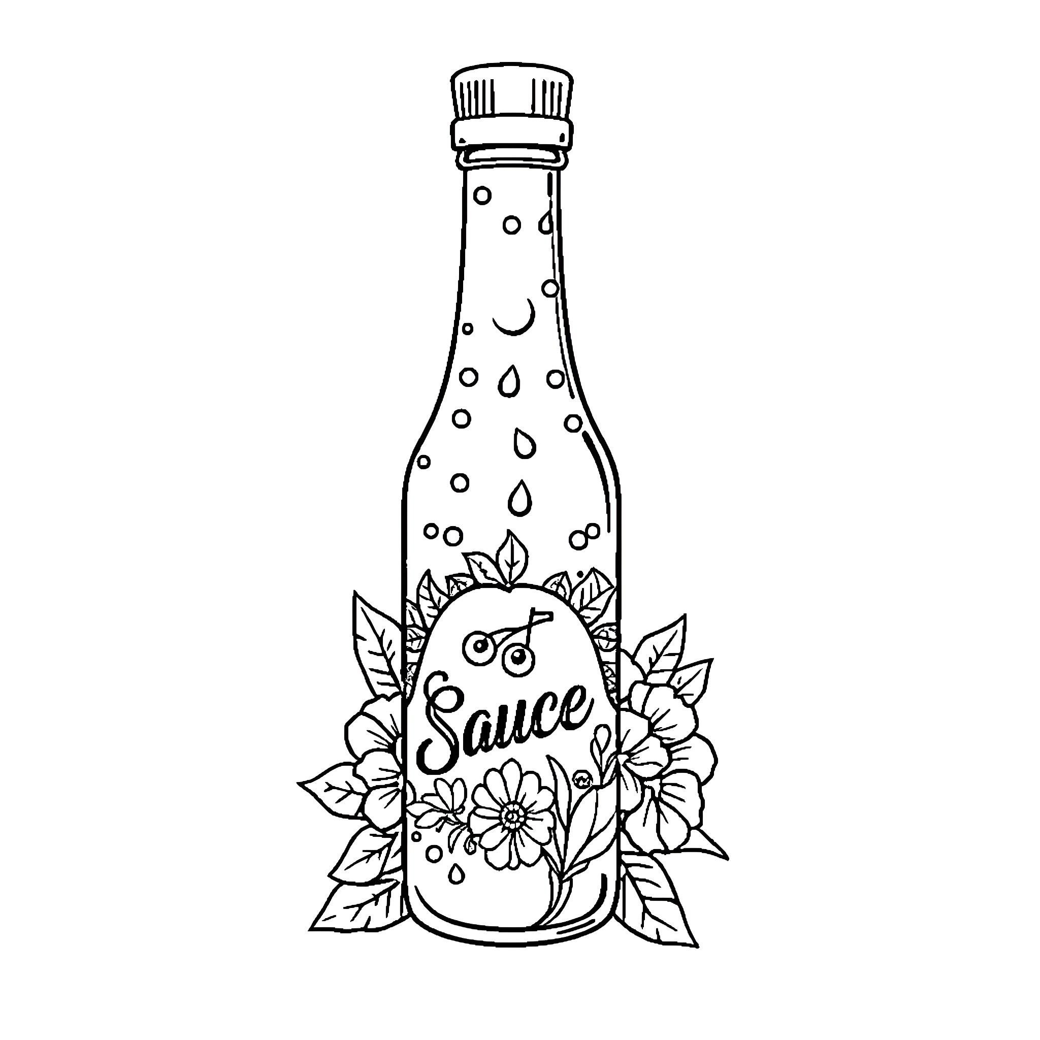 Hot Sauce Bottle with Floral Decorations Coloring Page (free black-and-white line drawing printable PDF for all, from beginners to advanced learners, including children, teens, adults, and seniors)