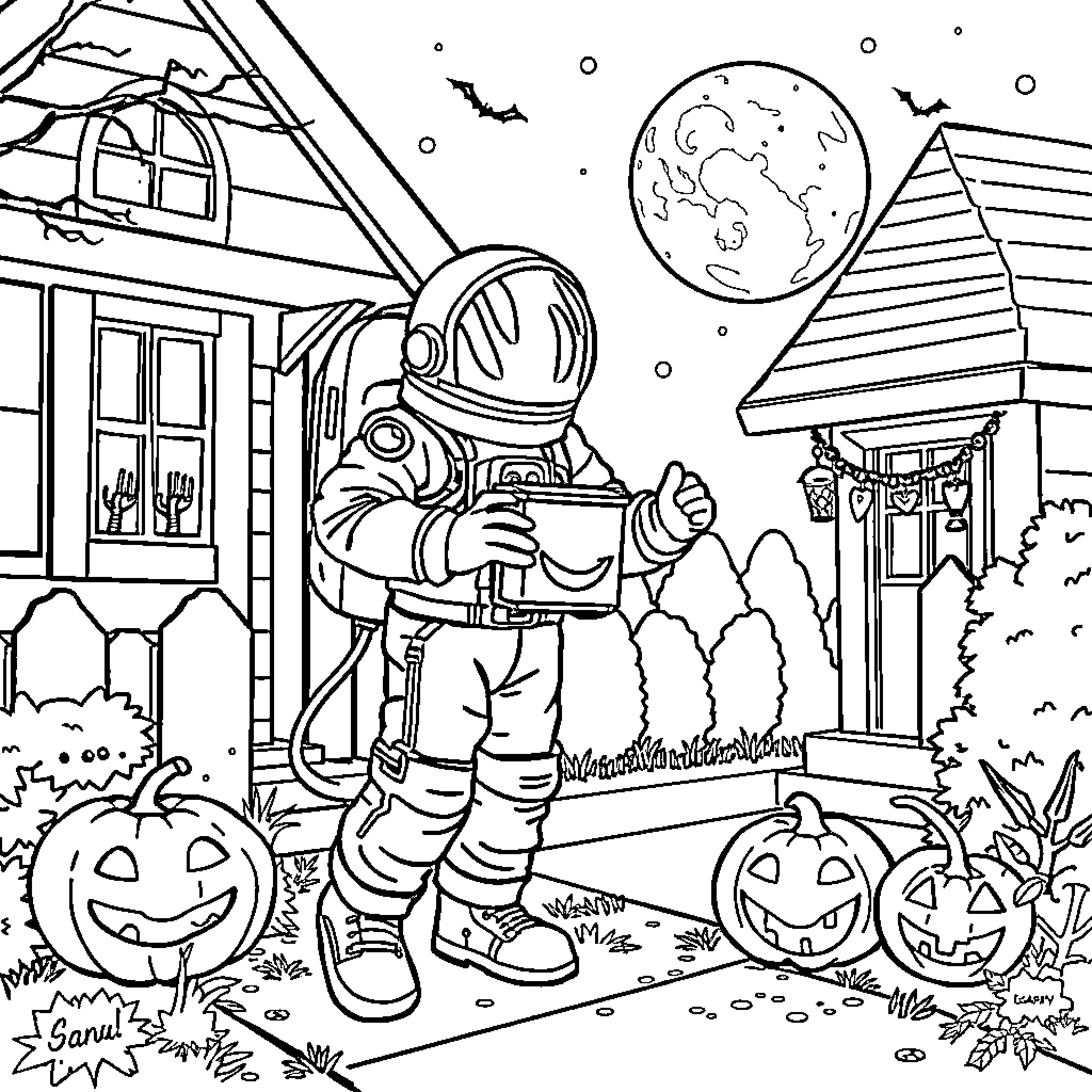 Astronaut exploring spooky Halloween neighborhood Coloring Page (free black-and-white line drawing printable PDF for all, from beginners to advanced learners, including children, teens, adults, and seniors)