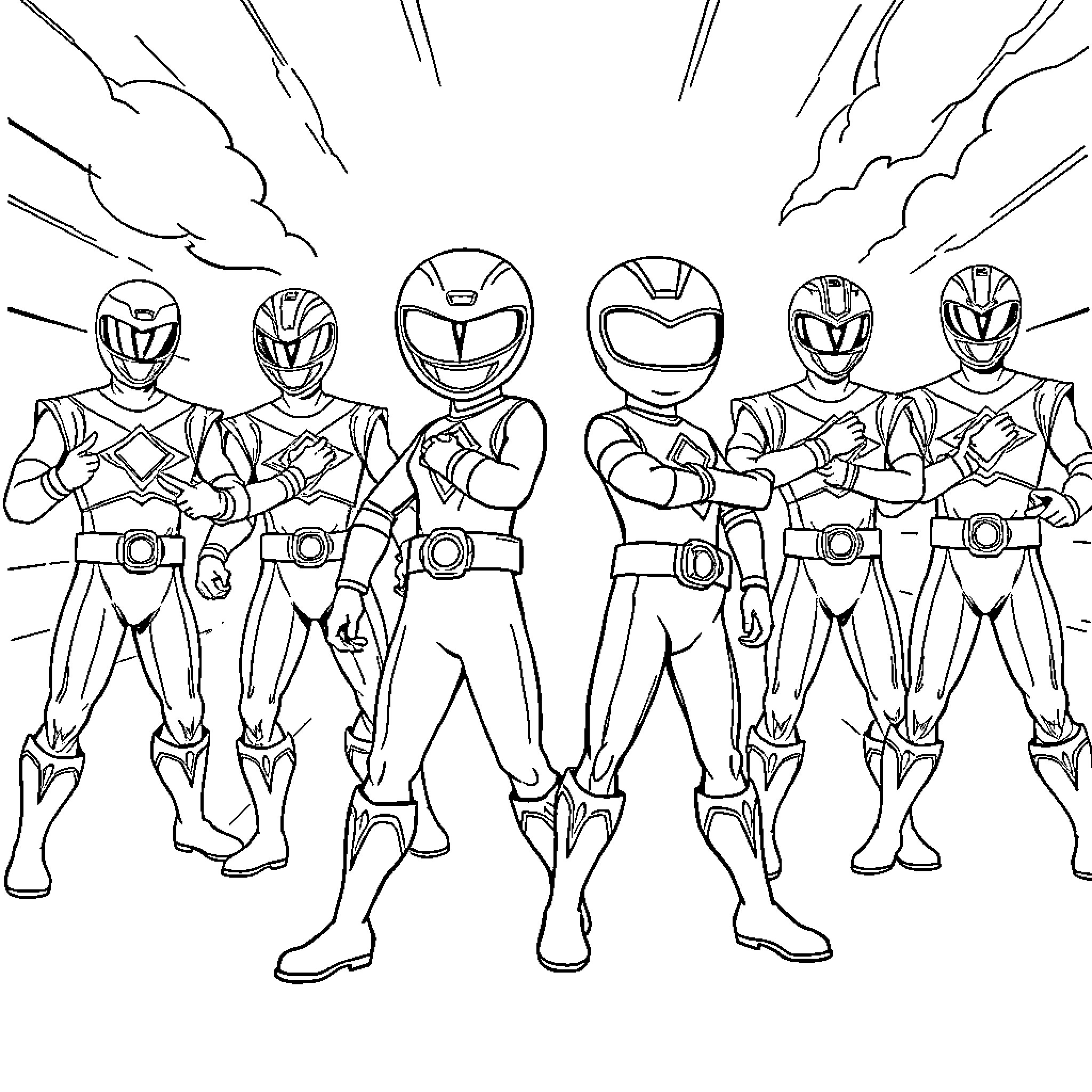 Upin Ipin Power Rangers-inspired Group Pose Coloring Page (free black-and-white line drawing printable PDF for all, from beginners to advanced learners, including children, teens, adults, and seniors)