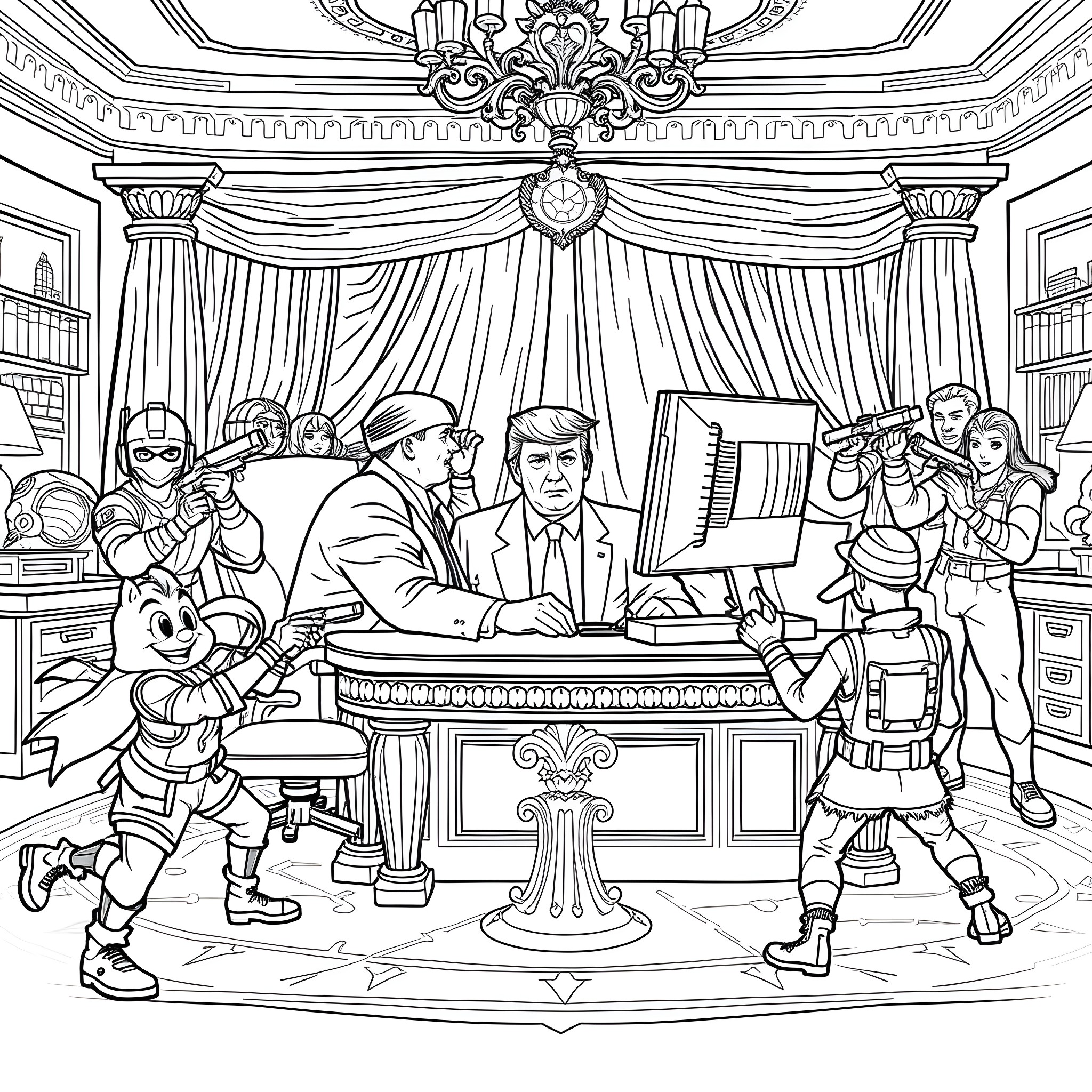 Donald Trump in a Formal Office Setting with Supporters Coloring Page (free black-and-white line drawing printable PDF for all, from beginners to advanced learners, including children, teens, adults, and seniors)