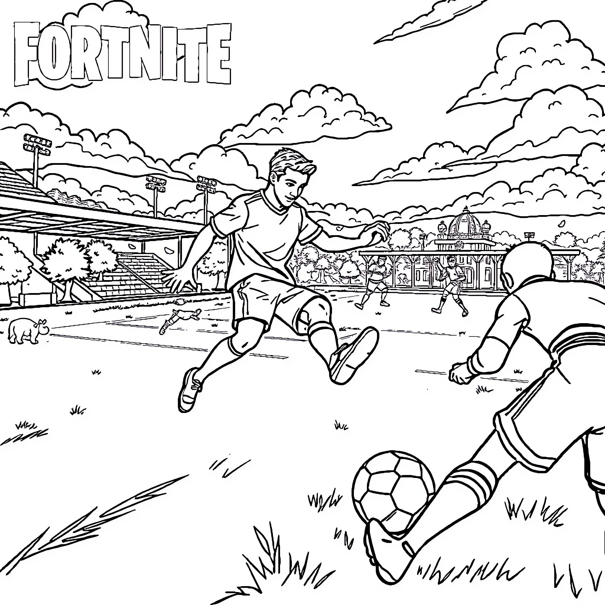 Fortnite players in an intense soccer match Coloring Page (free black-and-white line drawing printable PDF for all, from beginners to advanced learners, including children, teens, adults, and seniors)