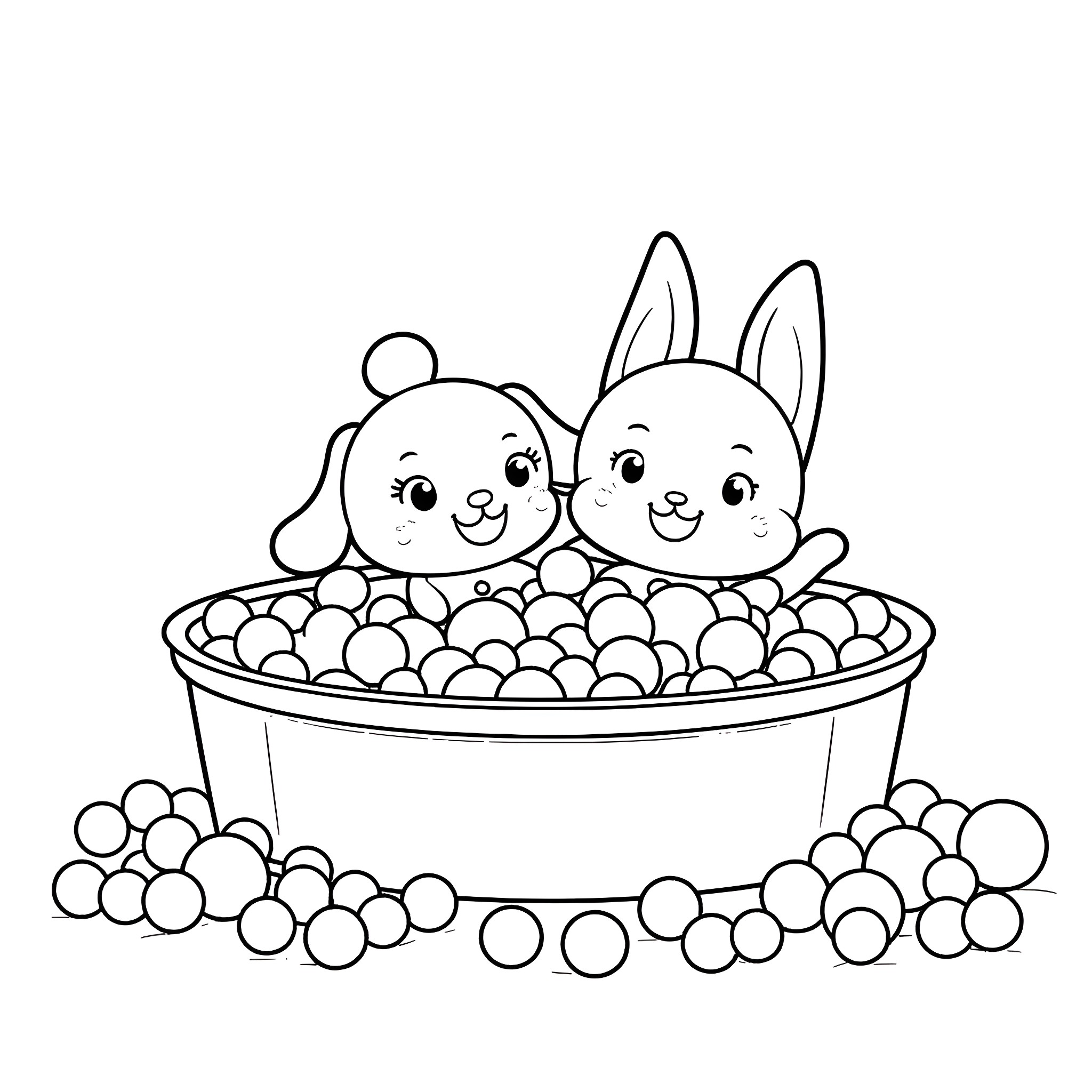 Bluey and friends playing in a ball pit Coloring Page (free black-and-white line drawing printable PDF for all, from beginners to advanced learners, including children, teens, adults, and seniors)