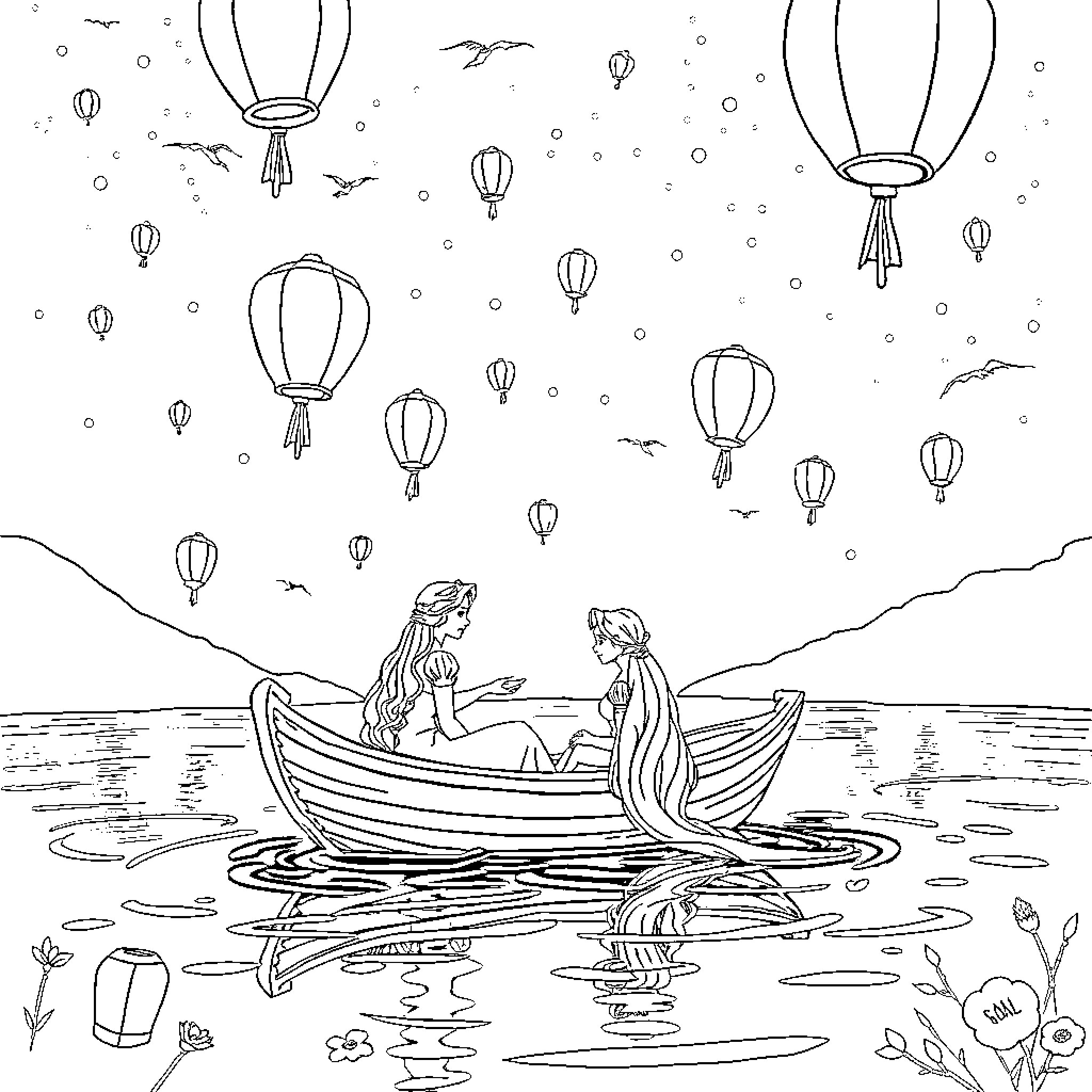 Rapunzel in a boat with floating lanterns Coloring Page (free black-and-white line drawing printable PDF for all, from beginners to advanced learners, including children, teens, adults, and seniors)