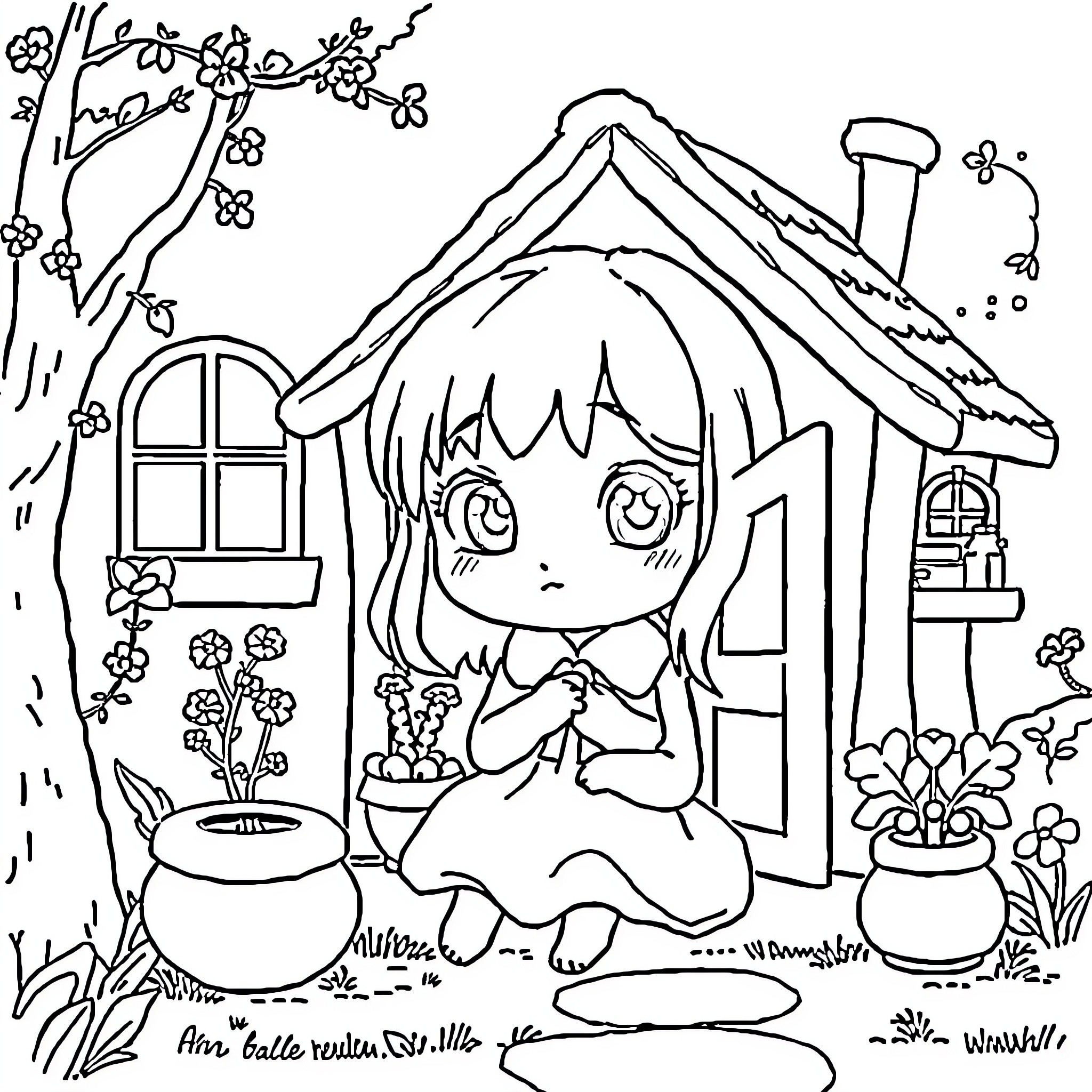 Arrietty playing happily outside her tiny home Coloring Page (free black-and-white line drawing printable PDF for all, from beginners to advanced learners, including children, teens, adults, and seniors)