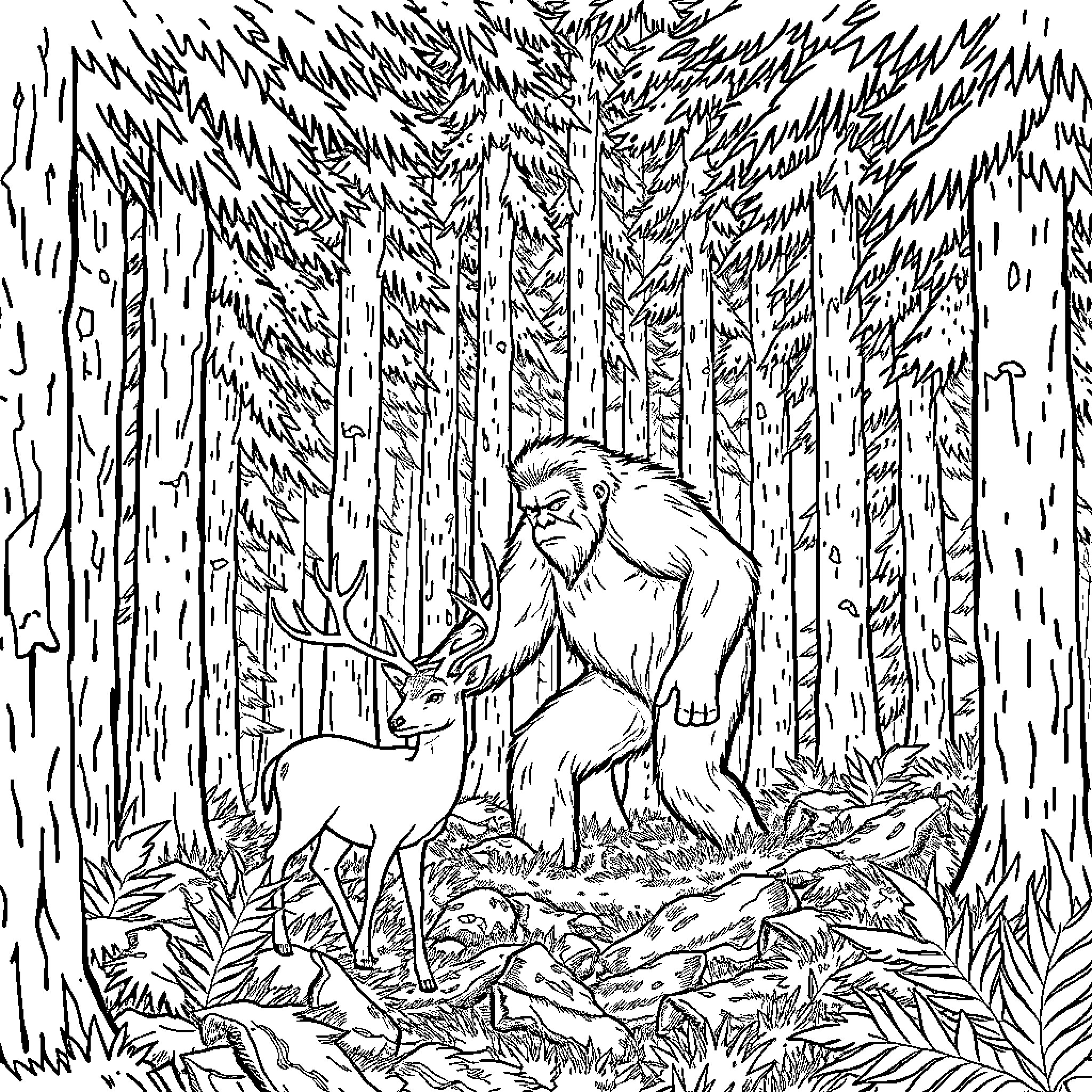 Bigfoot encountering a deer in the mysterious forest Coloring Page (free black-and-white line drawing printable PDF for all, from beginners to advanced learners, including children, teens, adults, and seniors)