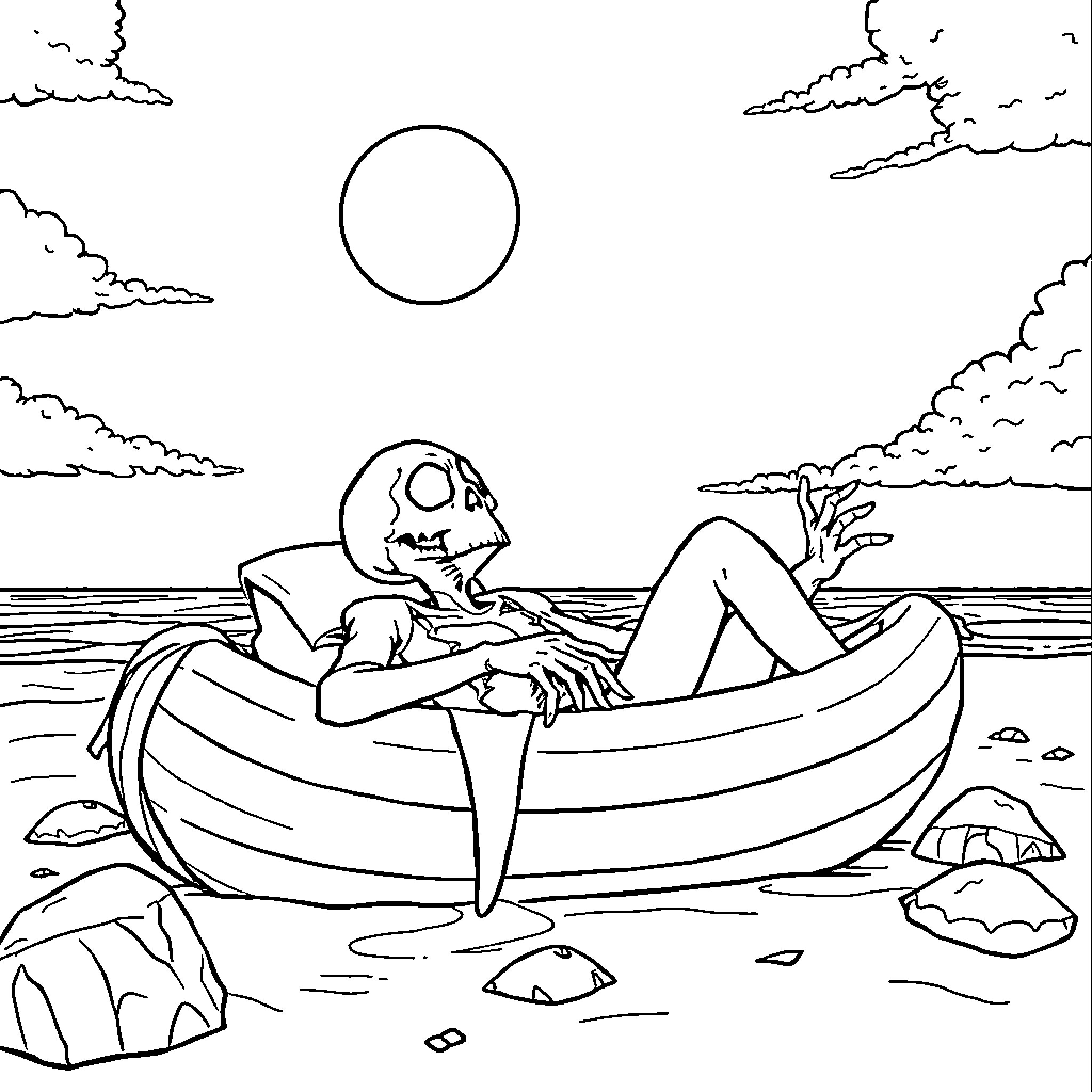 Vampire relaxing on a boat near the shore Coloring Page (free black-and-white line drawing printable PDF for all, from beginners to advanced learners, including children, teens, adults, and seniors)