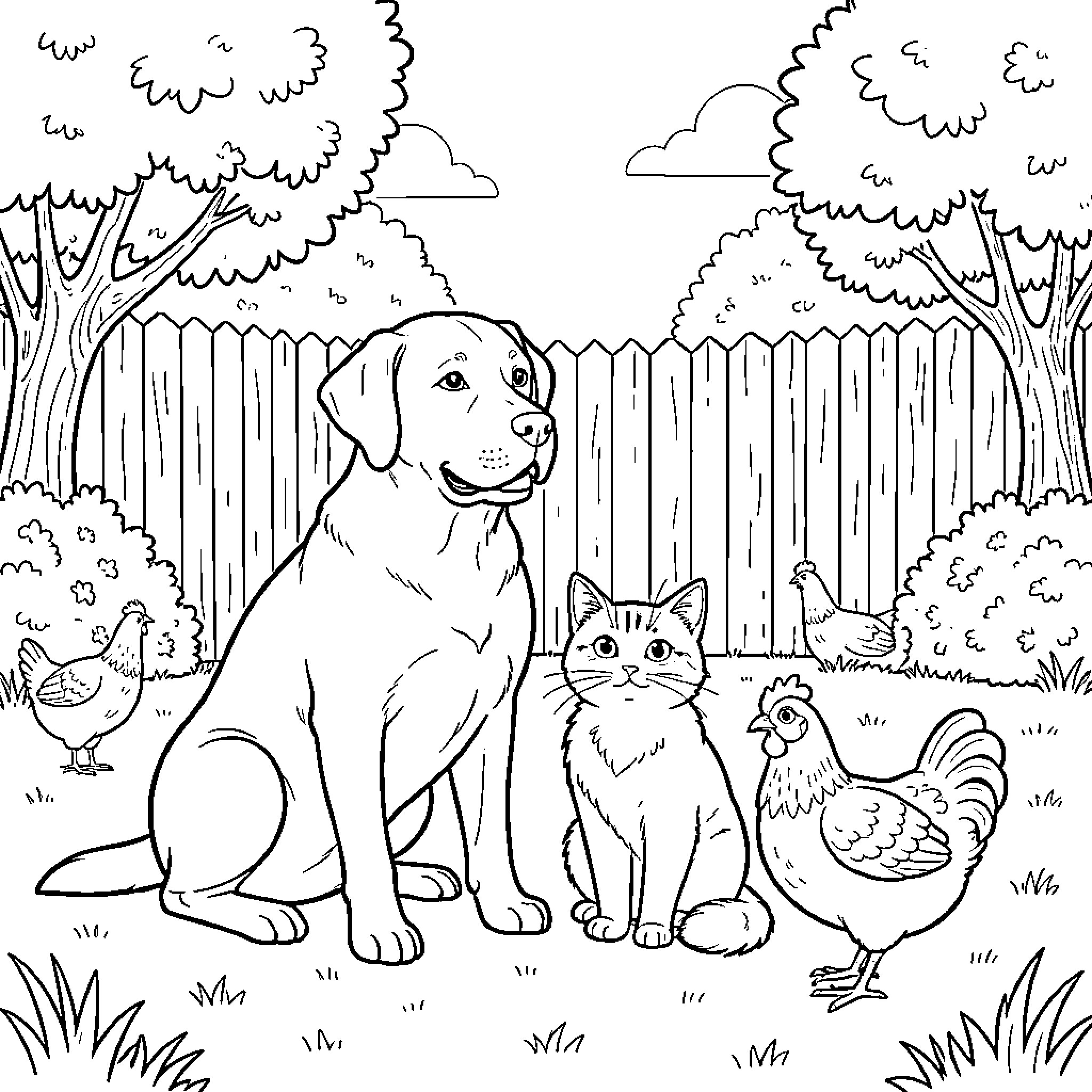 Labrador sitting with a cat and chickens in a garden Coloring Page (free black-and-white line drawing printable PDF for all, from beginners to advanced learners, including children, teens, adults, and seniors)