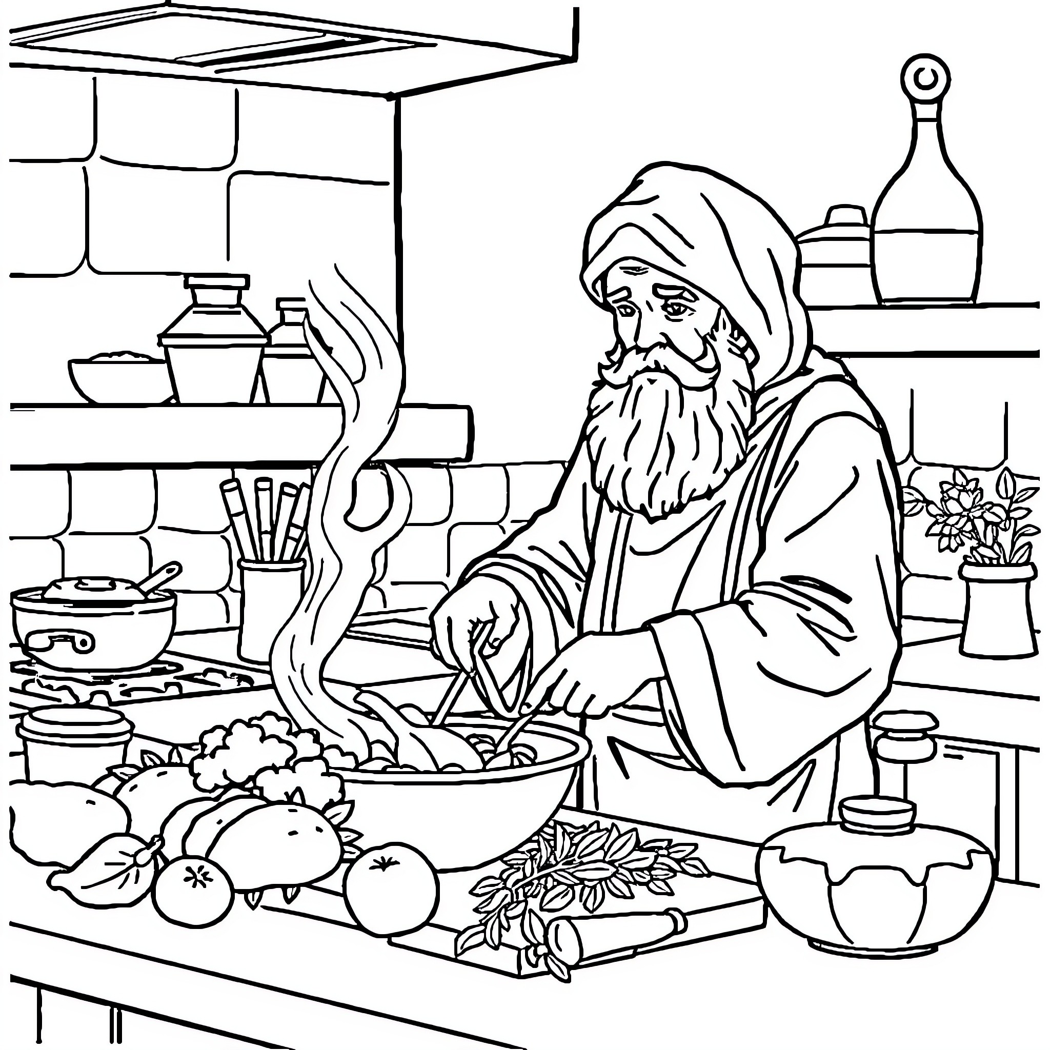 Rumi's Kitchen: A Glimpse into the Culinary World Coloring Page (free black-and-white line drawing printable PDF for all, from beginners to advanced learners, including children, teens, adults, and seniors)