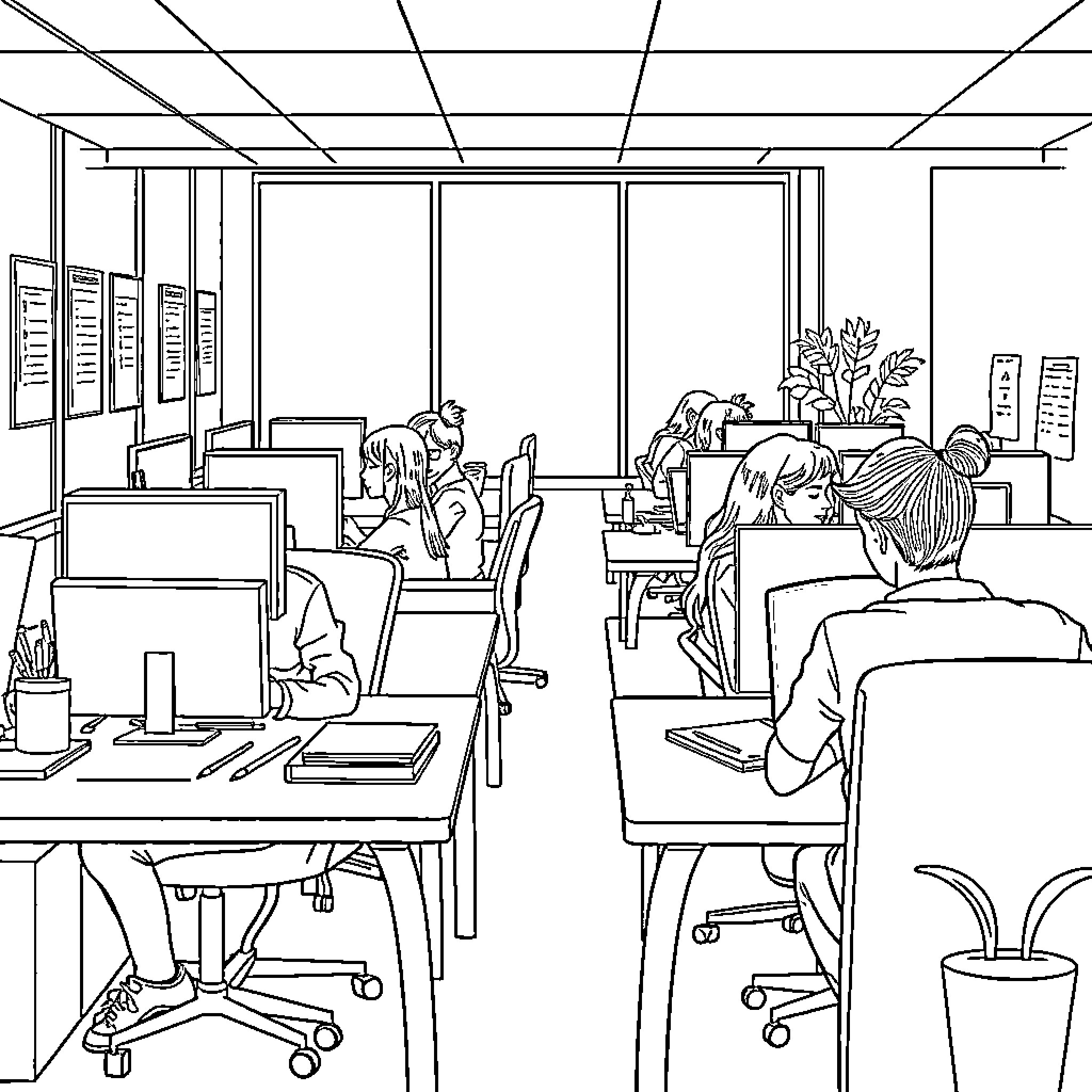 Work Scene in a Modern Office Coloring Page (free black-and-white line drawing printable PDF for all, from beginners to advanced learners, including children, teens, adults, and seniors)