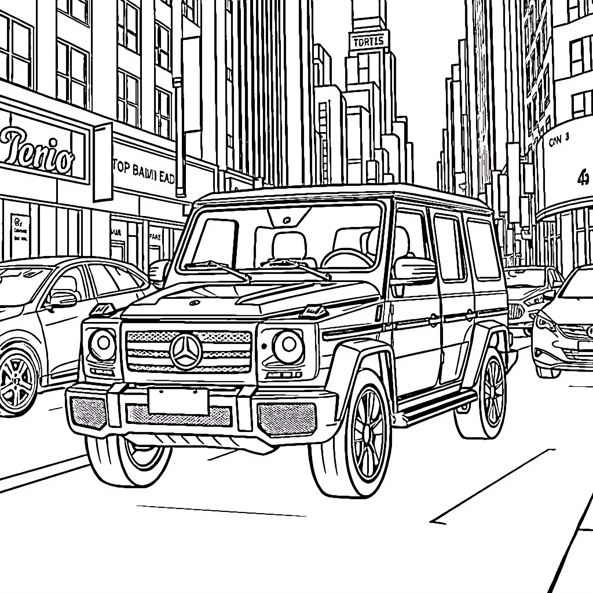 G Wagon Driving on Urban City Street Coloring Page (free black-and-white line drawing printable PDF for all, from beginners to advanced learners, including children, teens, adults, and seniors)