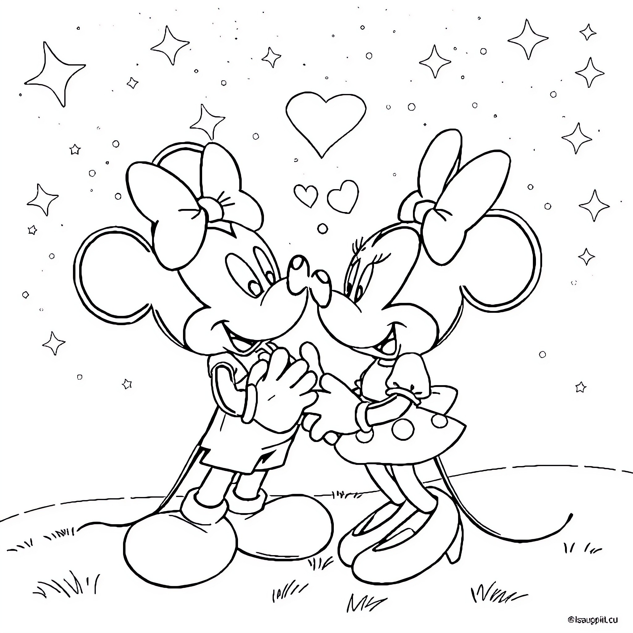 Mickey and Minnie's Loving Embrace Under the Stars Coloring Page (free black-and-white line drawing printable PDF for all, from beginners to advanced learners, including children, teens, adults, and seniors)