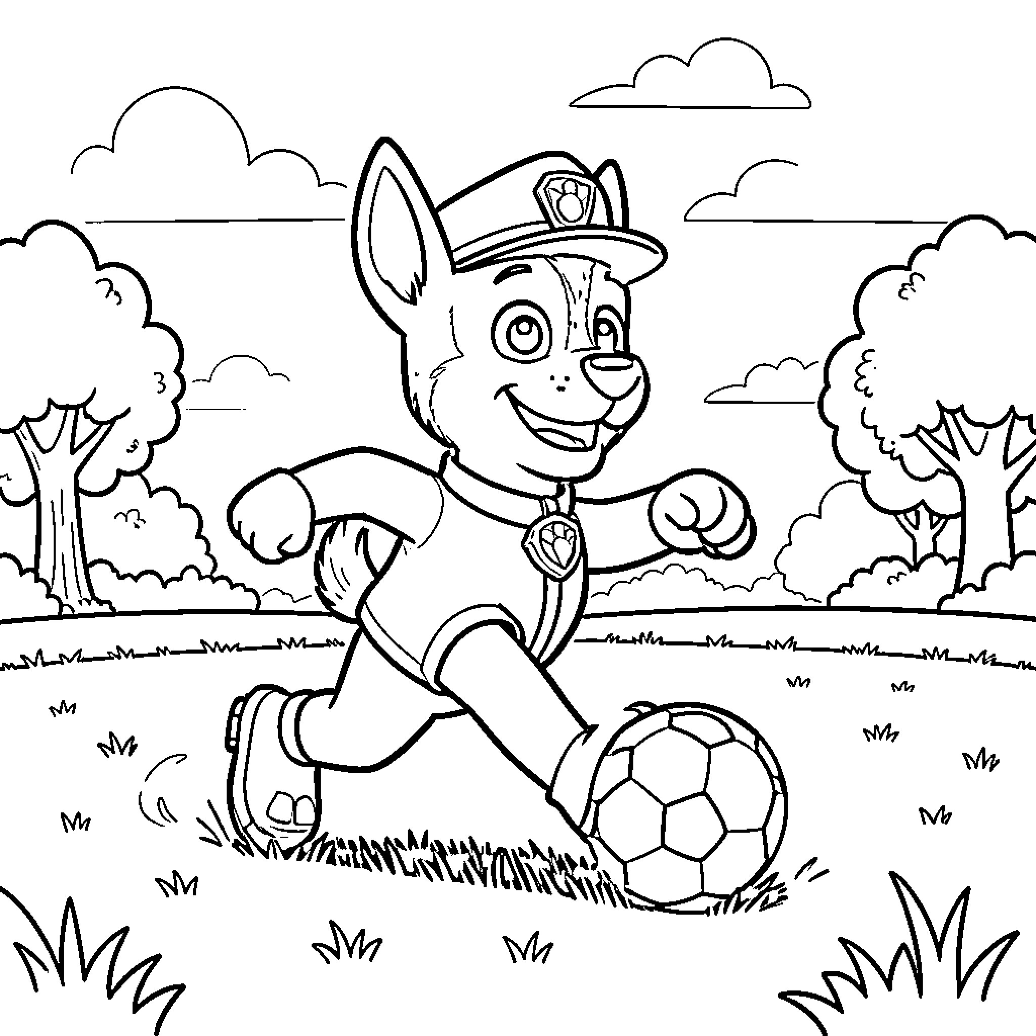 Ruben playing soccer joyfully in a grassy field Coloring Page (free black-and-white line drawing printable PDF for all, from beginners to advanced learners, including children, teens, adults, and seniors)