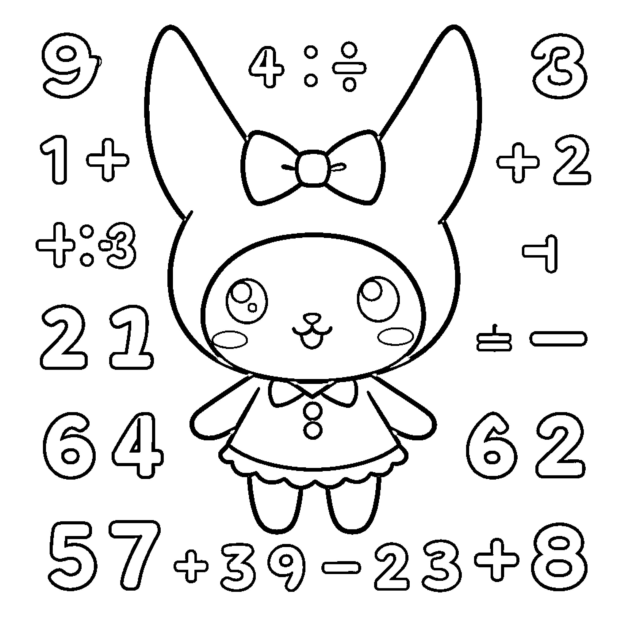 Kuromi learning math with numbers and symbols Coloring Page (free black-and-white line drawing printable PDF for all, from beginners to advanced learners, including children, teens, adults, and seniors)