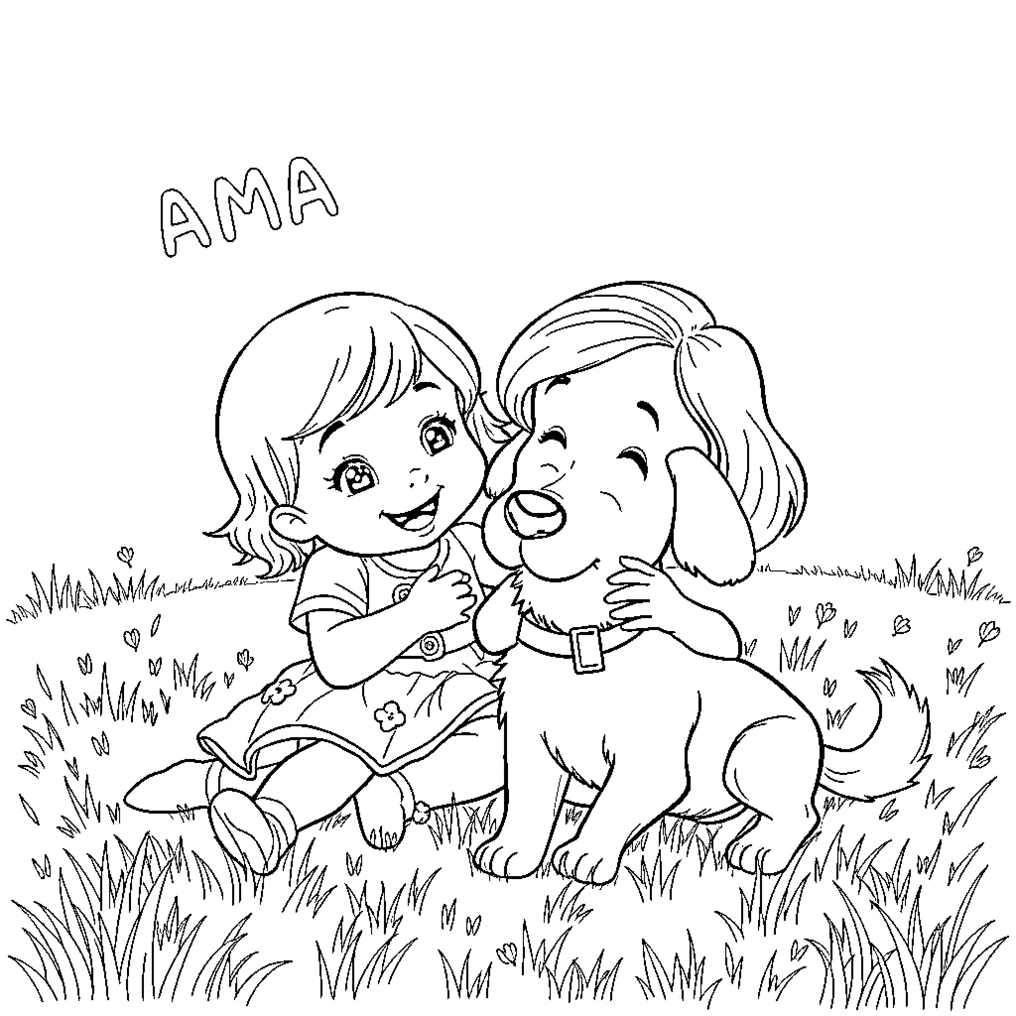 Girl playing with her puppy in the grass Coloring Page (free black-and-white line drawing printable PDF for all, from beginners to advanced learners, including children, teens, adults, and seniors)