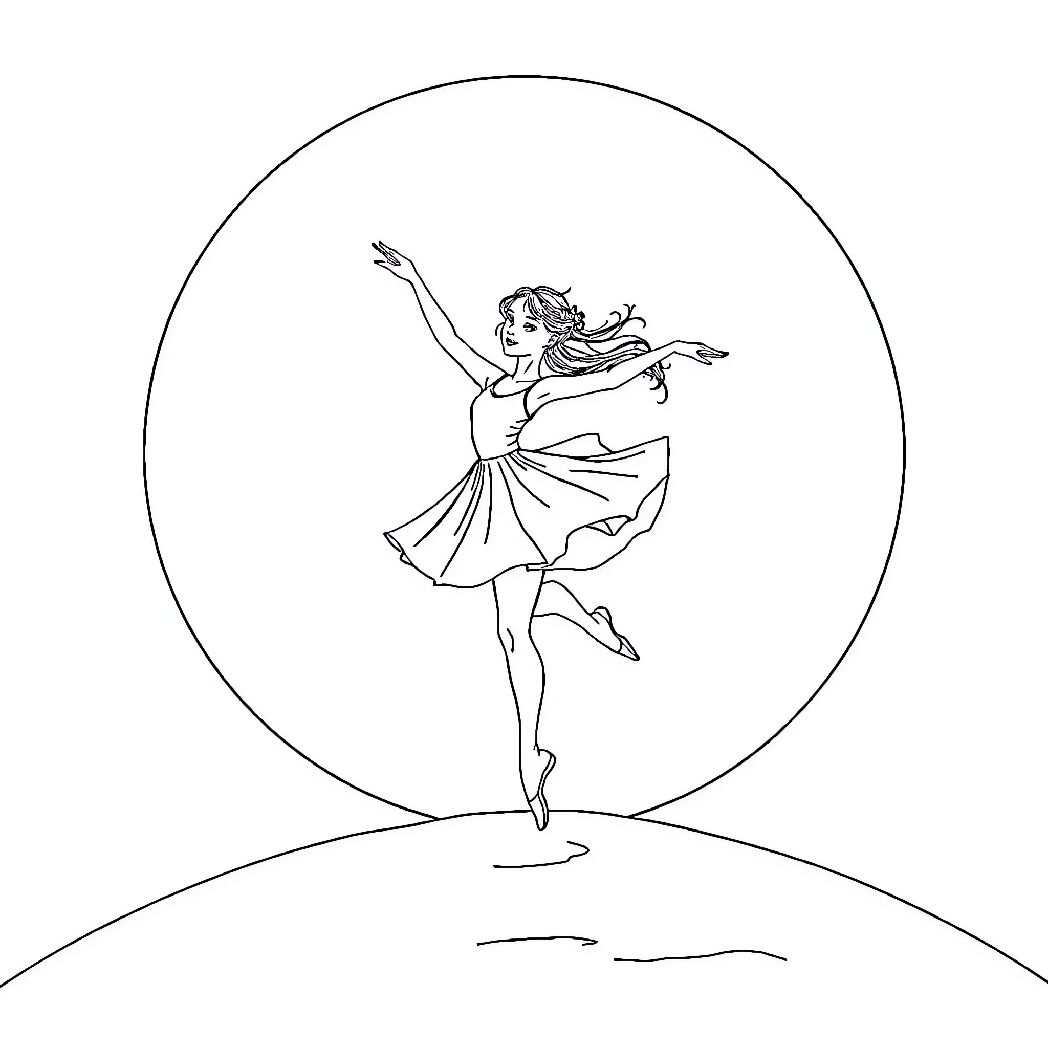 Ballet Girl Gracefully Dancing on Stage Coloring Page (free black-and-white line drawing printable PDF for all, from beginners to advanced learners, including children, teens, adults, and seniors)