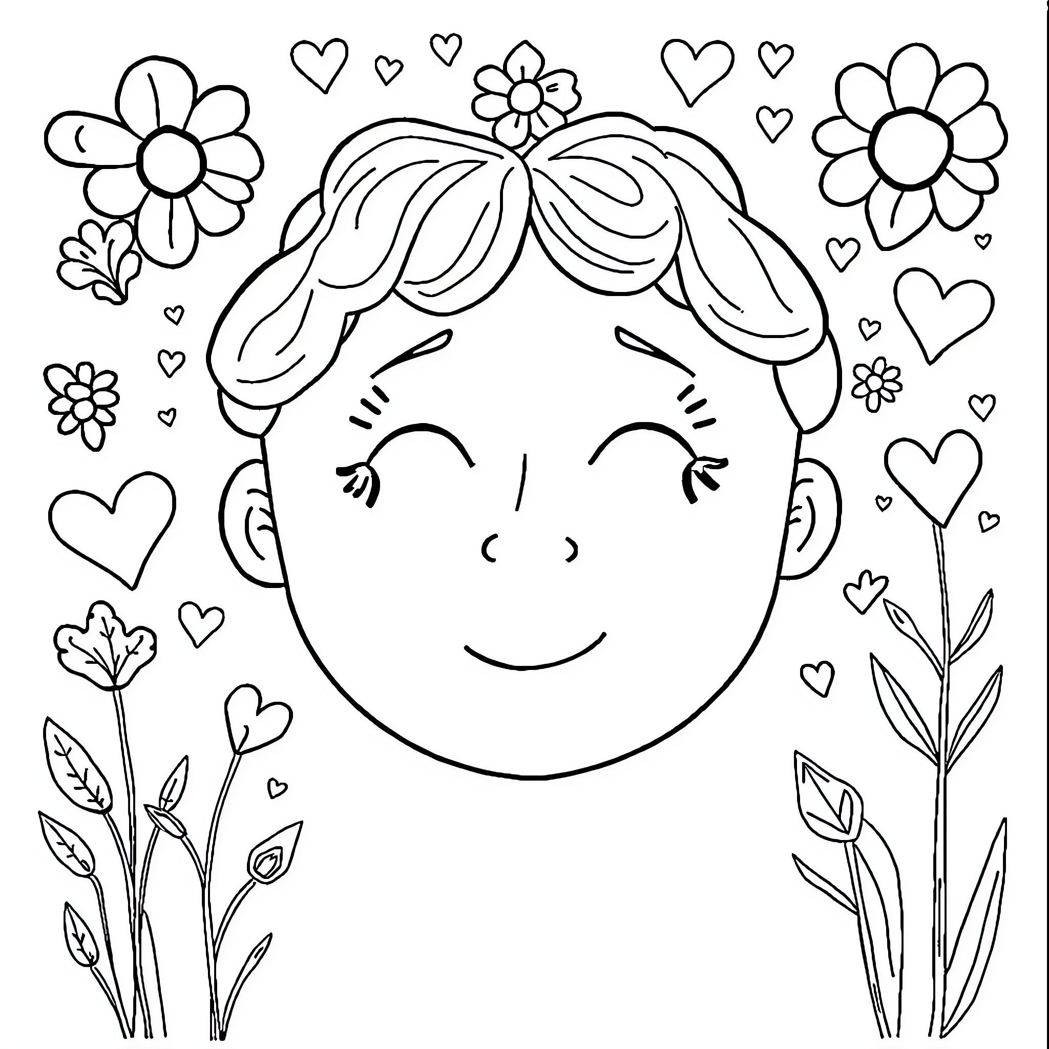 Mental Health Coloring Page with Smiling Face and Flowers Coloring Page (free black-and-white line drawing printable PDF for all, from beginners to advanced learners, including children, teens, adults, and seniors)
