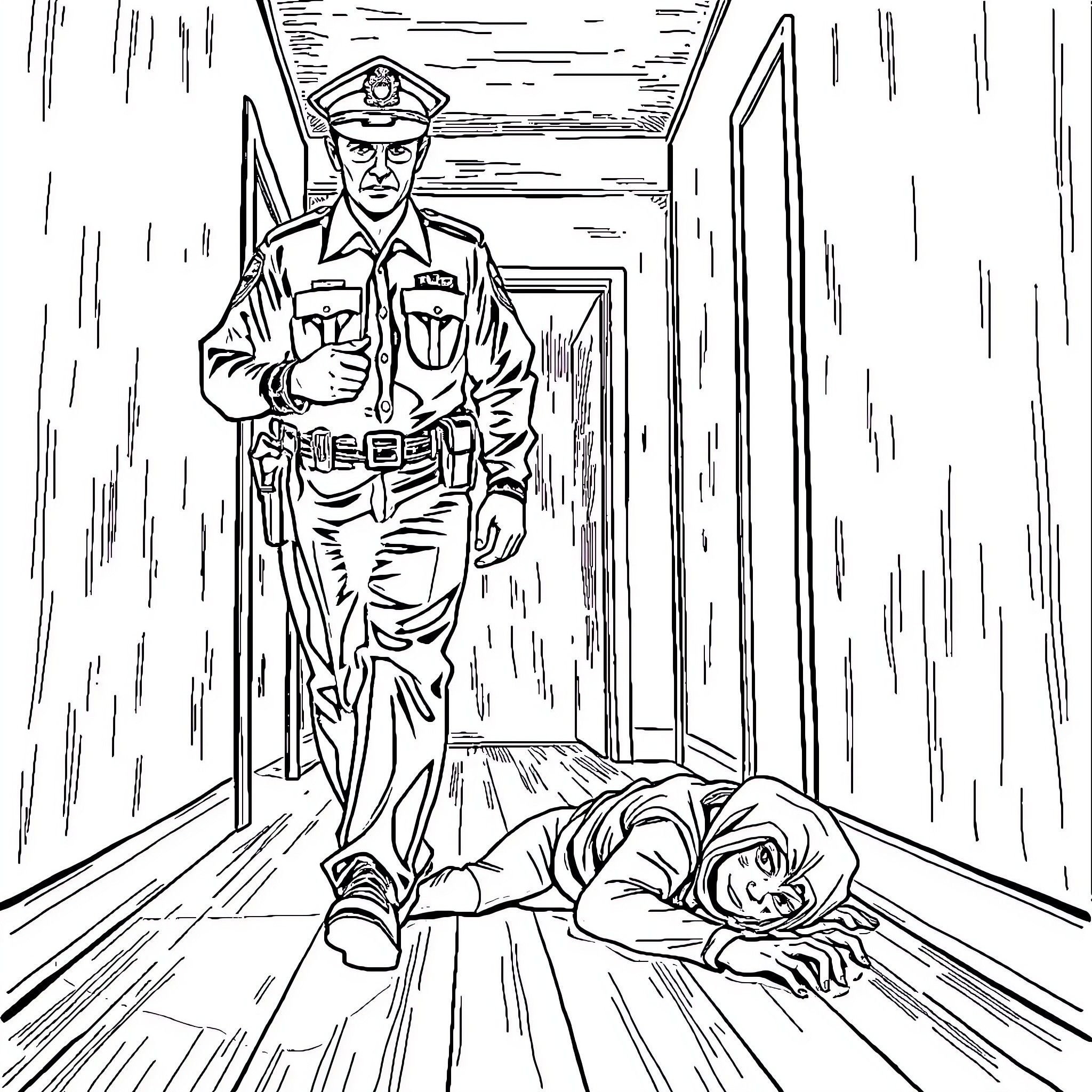 Police Officer Responding to Disturbance in Hallway Coloring Page (free black-and-white line drawing printable PDF for all, from beginners to advanced learners, including children, teens, adults, and seniors)