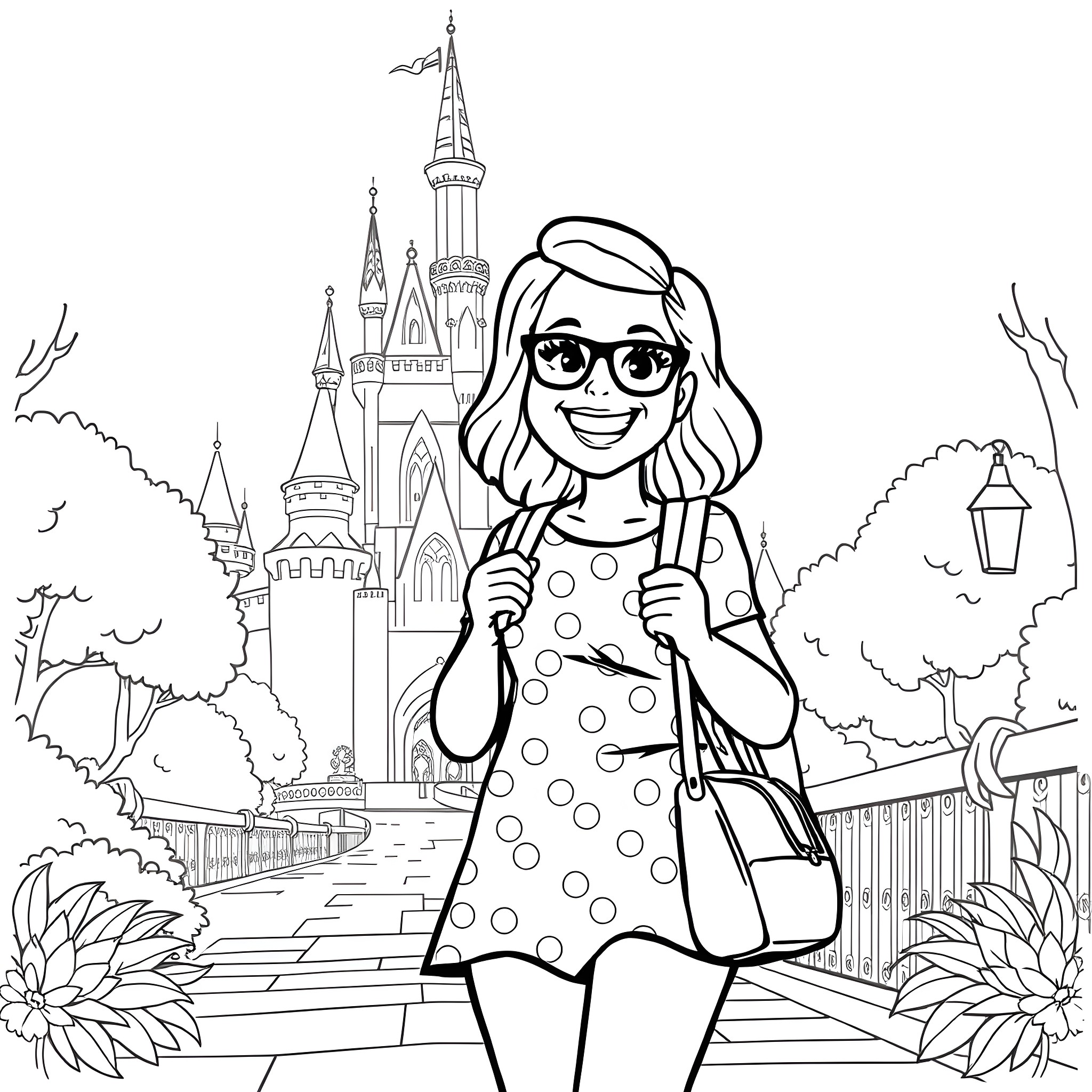 Leslie Knope exploring the magical kingdom Coloring Page (free black-and-white line drawing printable PDF for all, from beginners to advanced learners, including children, teens, adults, and seniors)