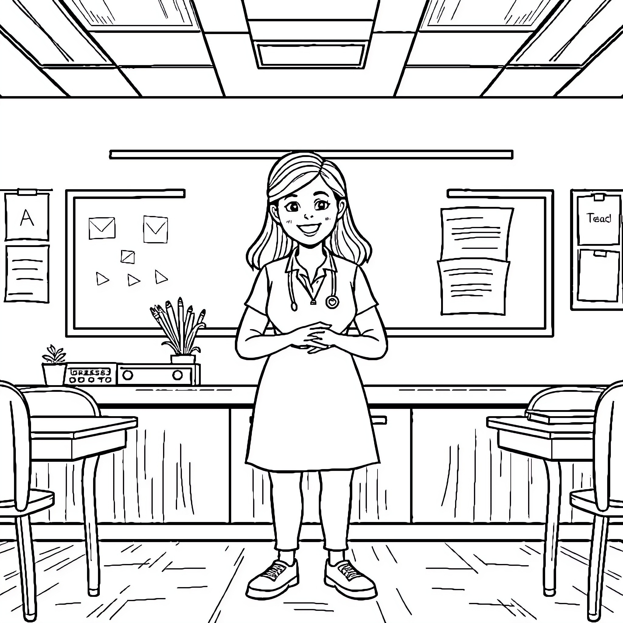 Teacher standing confidently in classroom Coloring Page (free black-and-white line drawing printable PDF for all, from beginners to advanced learners, including children, teens, adults, and seniors)