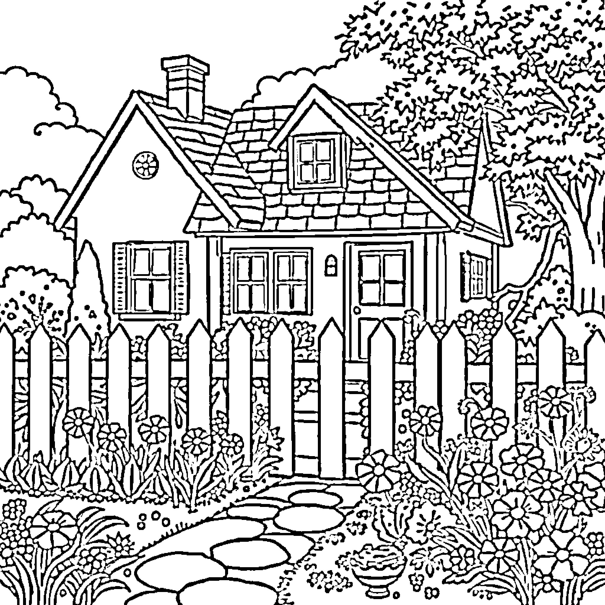 House with Picturesque Garden and Floral Surroundings Coloring Page (free black-and-white line drawing printable PDF for all, from beginners to advanced learners, including children, teens, adults, and seniors)
