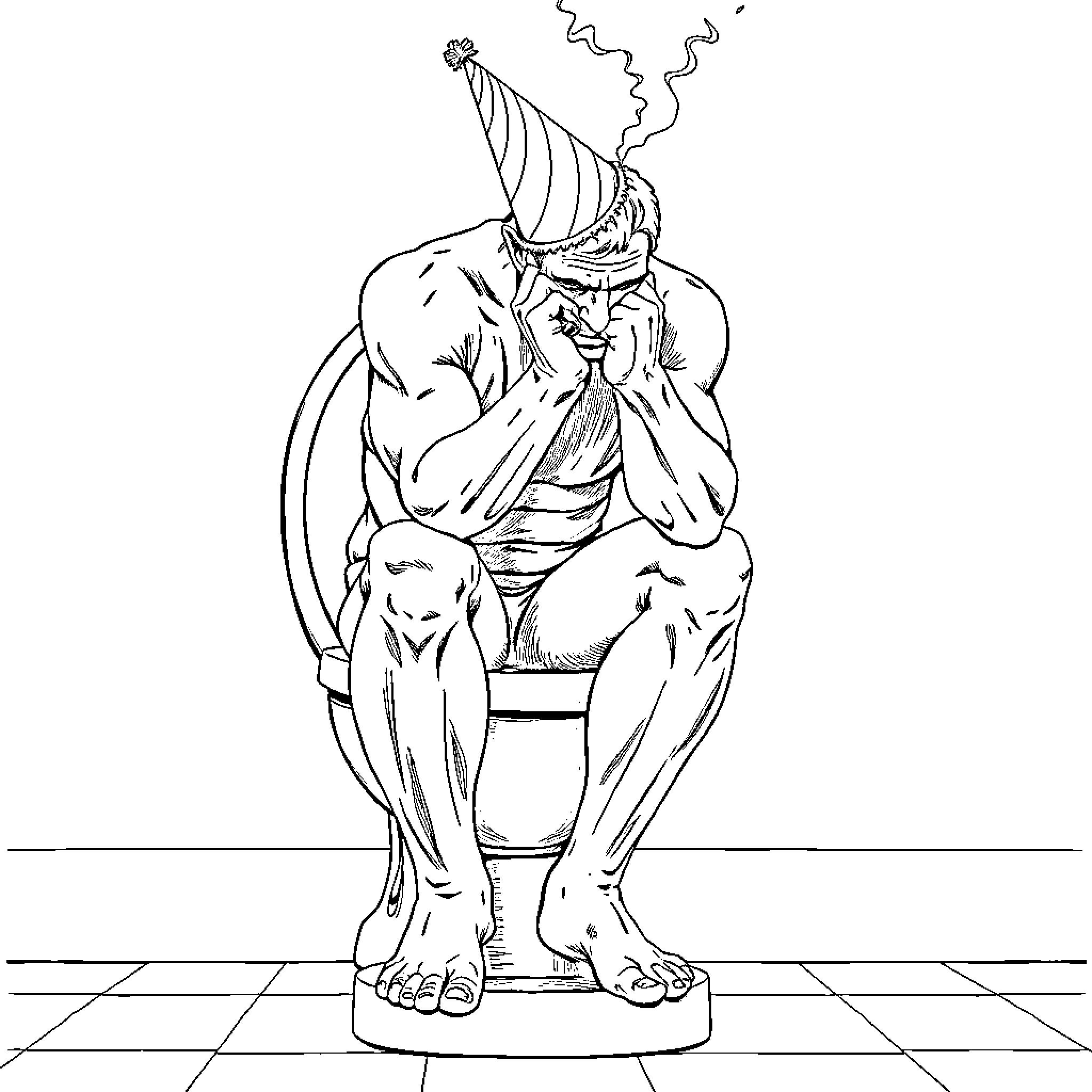 Man smoking while wearing a party hat Coloring Page (free black-and-white line drawing printable PDF for all, from beginners to advanced learners, including children, teens, adults, and seniors)