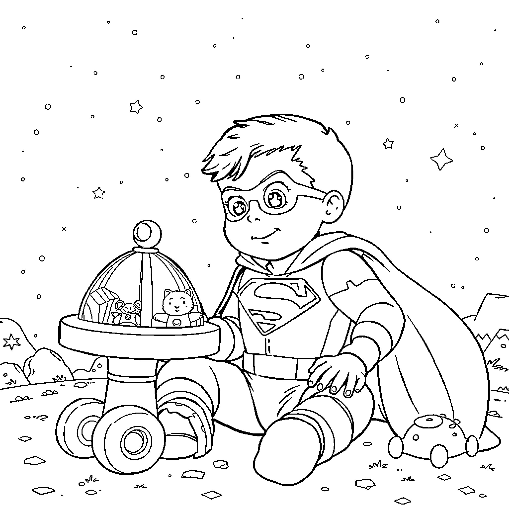 Superhero with Adorable Stuffed Animals and Toys Coloring Page (free black-and-white line drawing printable PDF for all, from beginners to advanced learners, including children, teens, adults, and seniors)