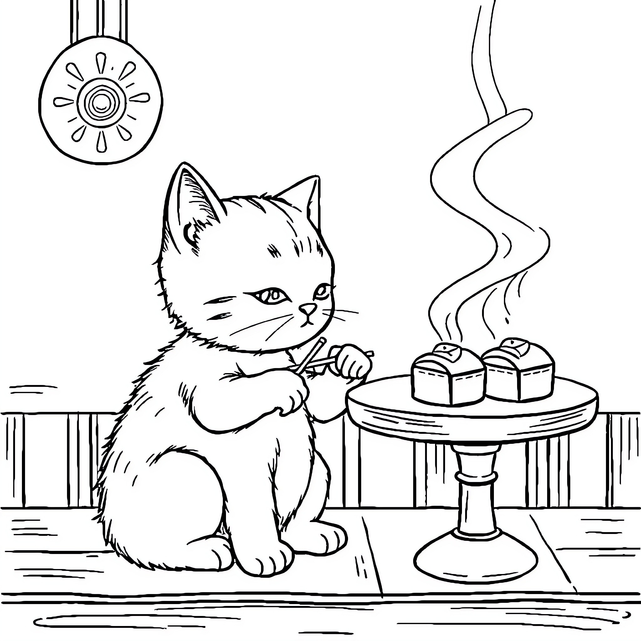 Kitten enjoying warm treats on a table Coloring Page (free black-and-white line drawing printable PDF for all, from beginners to advanced learners, including children, teens, adults, and seniors)