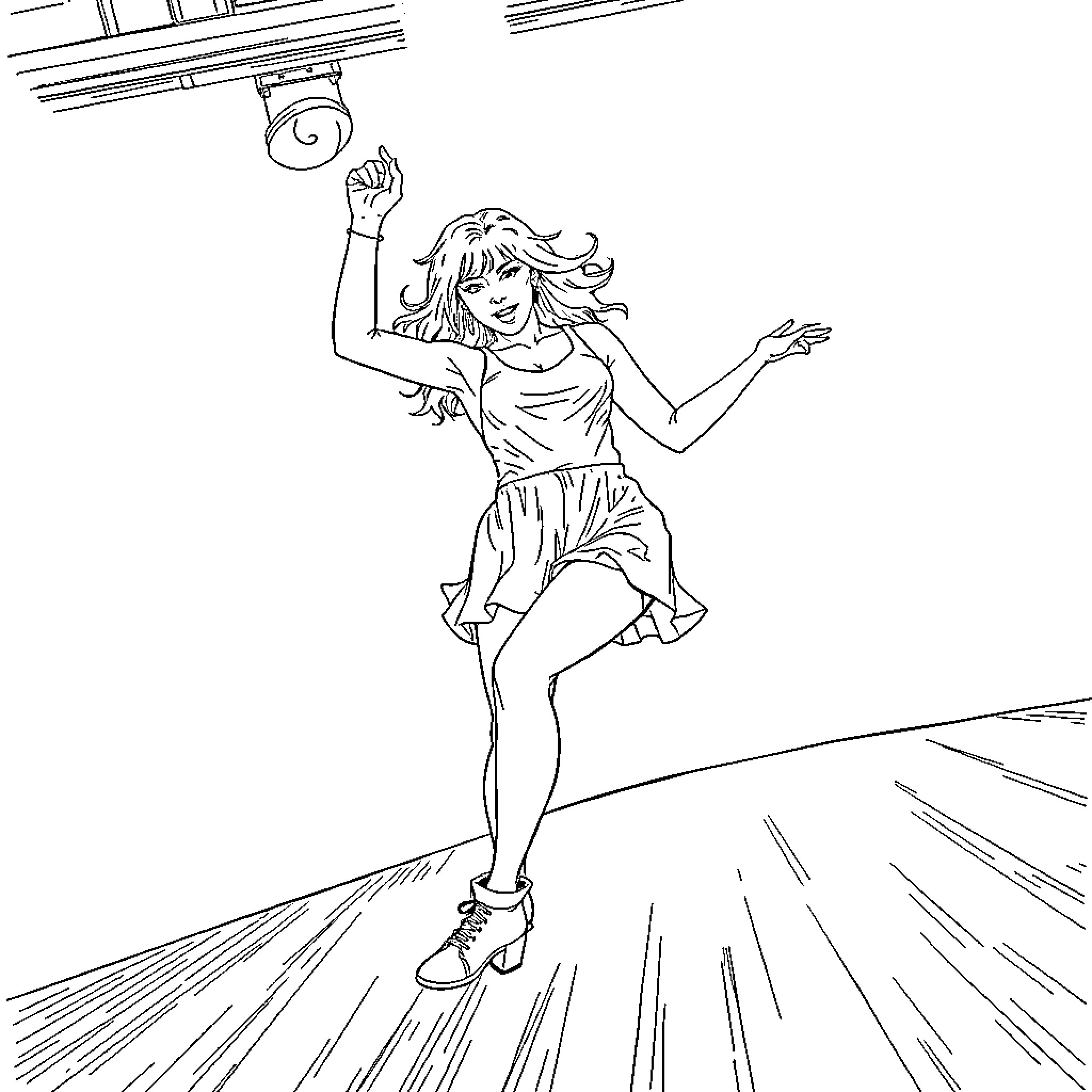 Hayley Williams dancing with joy and energy Coloring Page (free black-and-white line drawing printable PDF for all, from beginners to advanced learners, including children, teens, adults, and seniors)