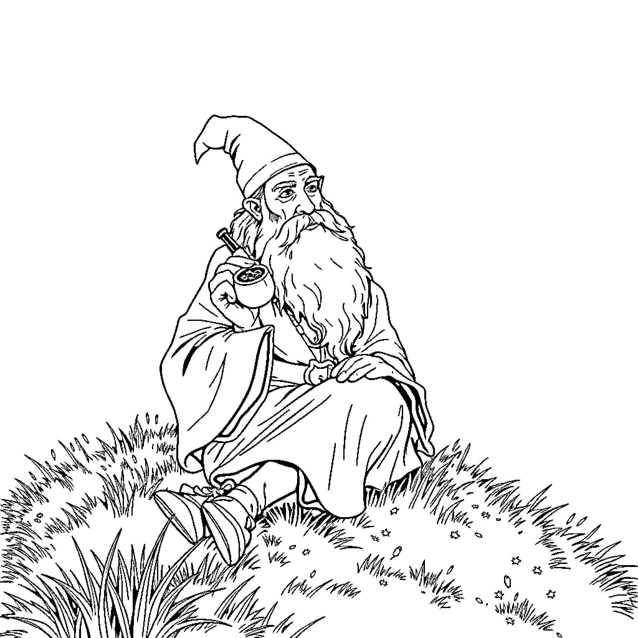 Gandalf contemplating in the enchanted forest Coloring Page (free black-and-white line drawing printable PDF for all, from beginners to advanced learners, including children, teens, adults, and seniors)