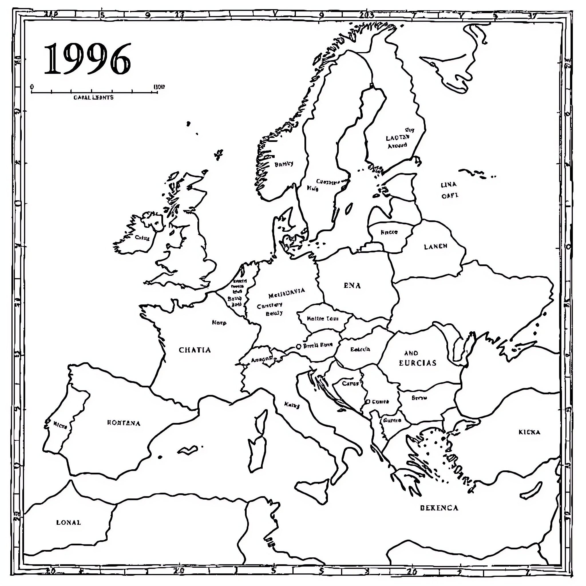 Map of Europe in 1996 Coloring Page (free black-and-white line drawing printable PDF for all, from beginners to advanced learners, including children, teens, adults, and seniors)