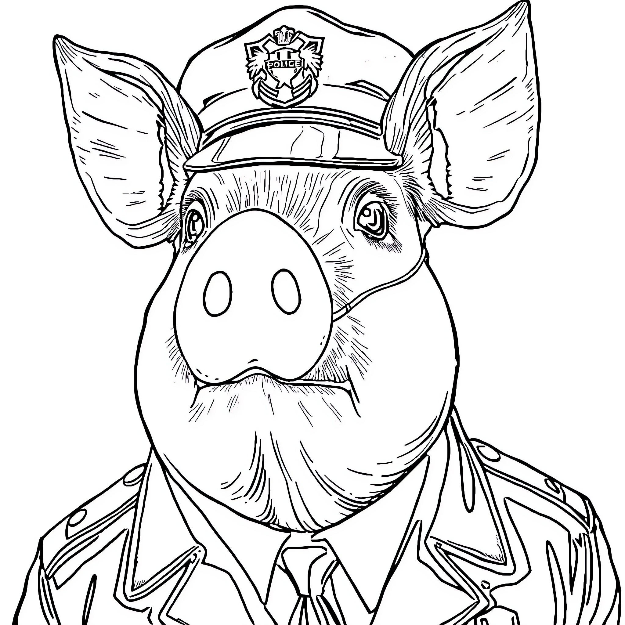 Pig in Police Officer Uniform with Distinct Ears Coloring Page (free black-and-white line drawing printable PDF for all, from beginners to advanced learners, including children, teens, adults, and seniors)