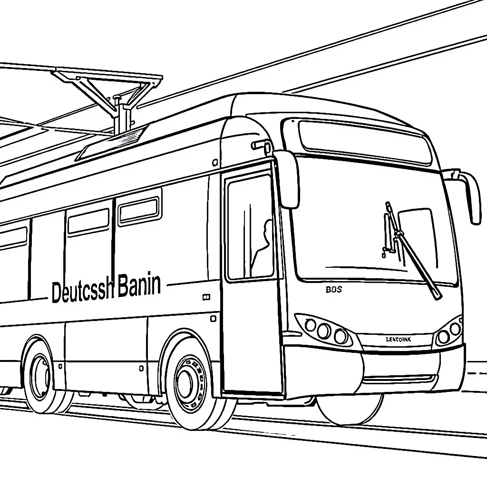 Bus with German text drives on the road Coloring Page (free black-and-white line drawing printable PDF for all, from beginners to advanced learners, including children, teens, adults, and seniors)