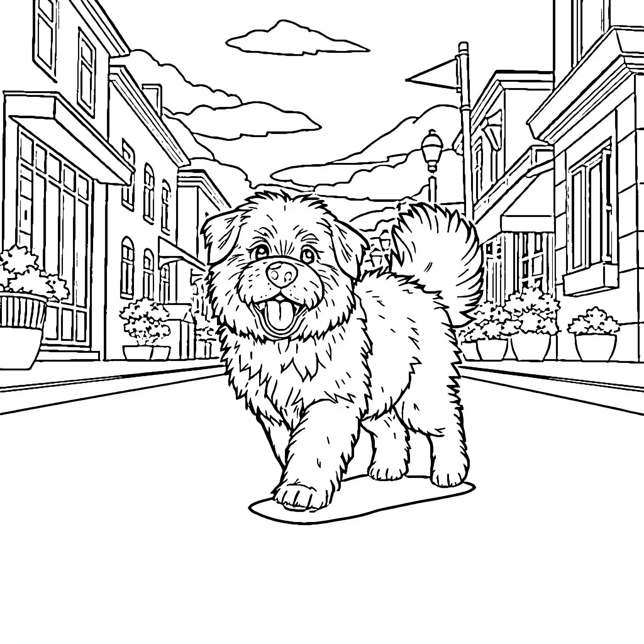 Dog enjoying the scenery in a quaint town Coloring Page (free black-and-white line drawing printable PDF for all, from beginners to advanced learners, including children, teens, adults, and seniors)