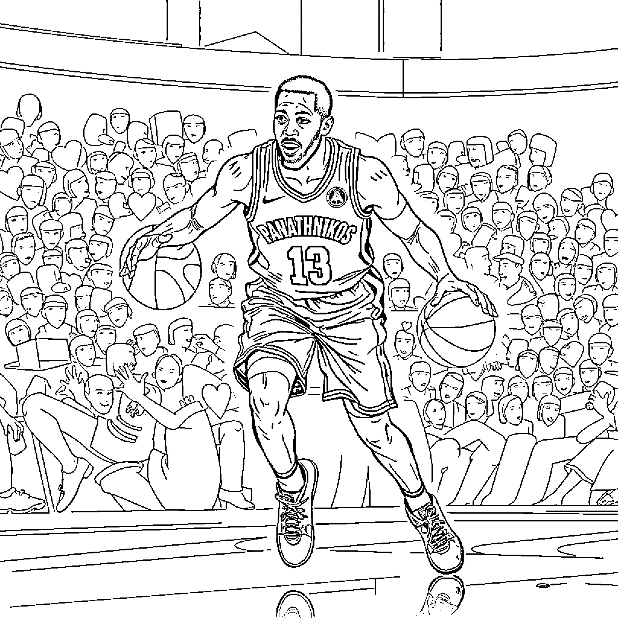 Kendrick Nunn playing basketball in a game Coloring Page (free black-and-white line drawing printable PDF for all, from beginners to advanced learners, including children, teens, adults, and seniors)