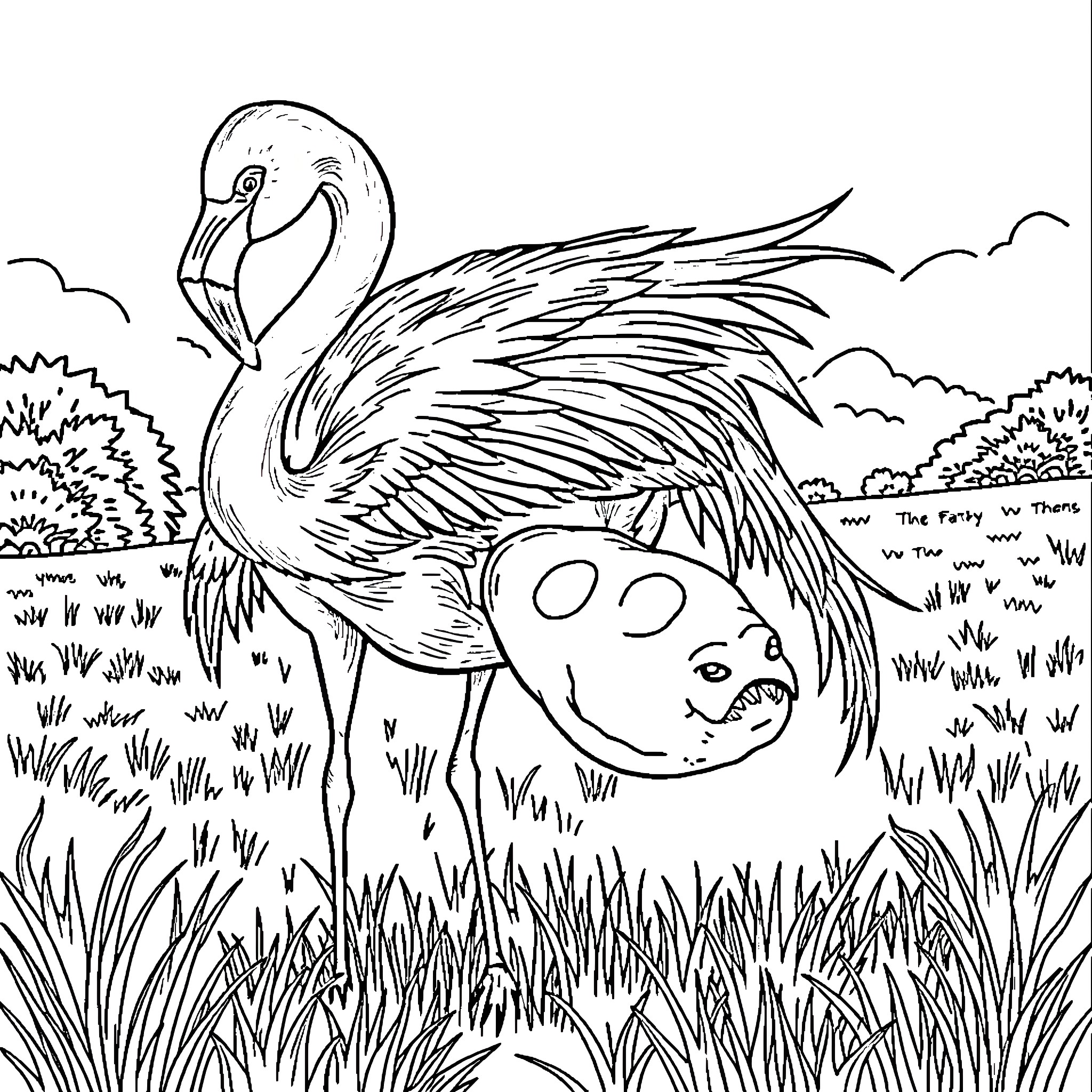 Flamingo standing proud in a grassy field Coloring Page (free black-and-white line drawing printable PDF for all, from beginners to advanced learners, including children, teens, adults, and seniors)