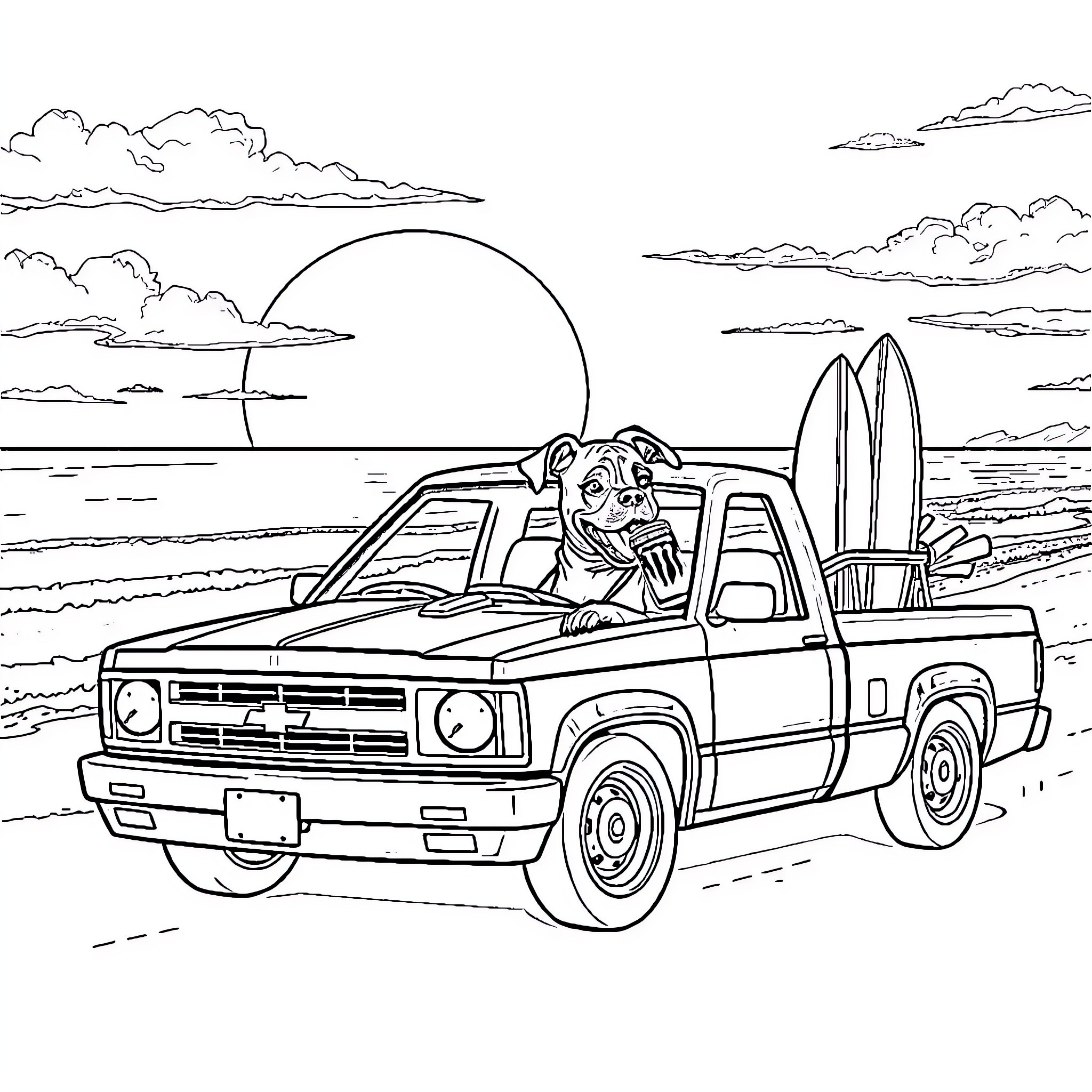 Boxer driving pickup truck with surfboards on beach Coloring Page (free black-and-white line drawing printable PDF for all, from beginners to advanced learners, including children, teens, adults, and seniors)