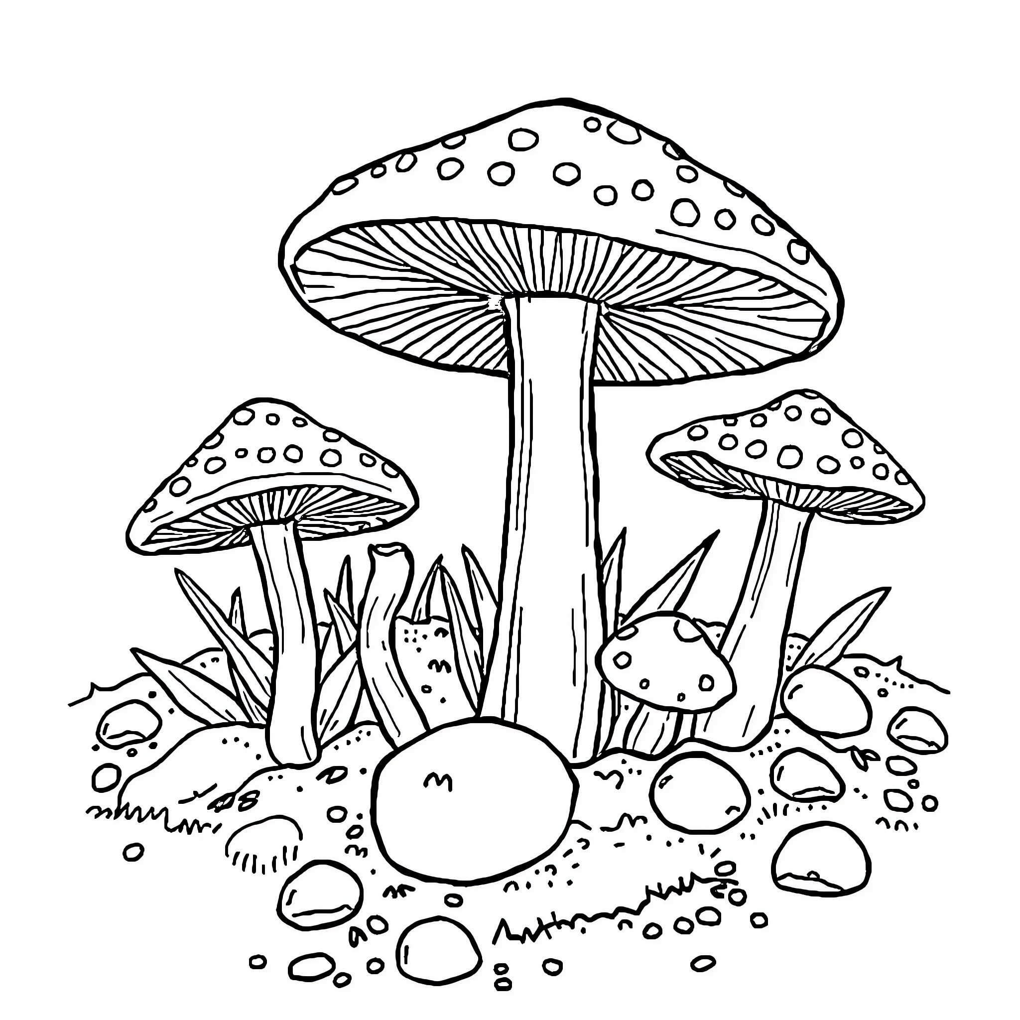 Mushroom Forest with Whimsical Toadstools Coloring Page (free black-and-white line drawing printable PDF for all, from beginners to advanced learners, including children, teens, adults, and seniors)