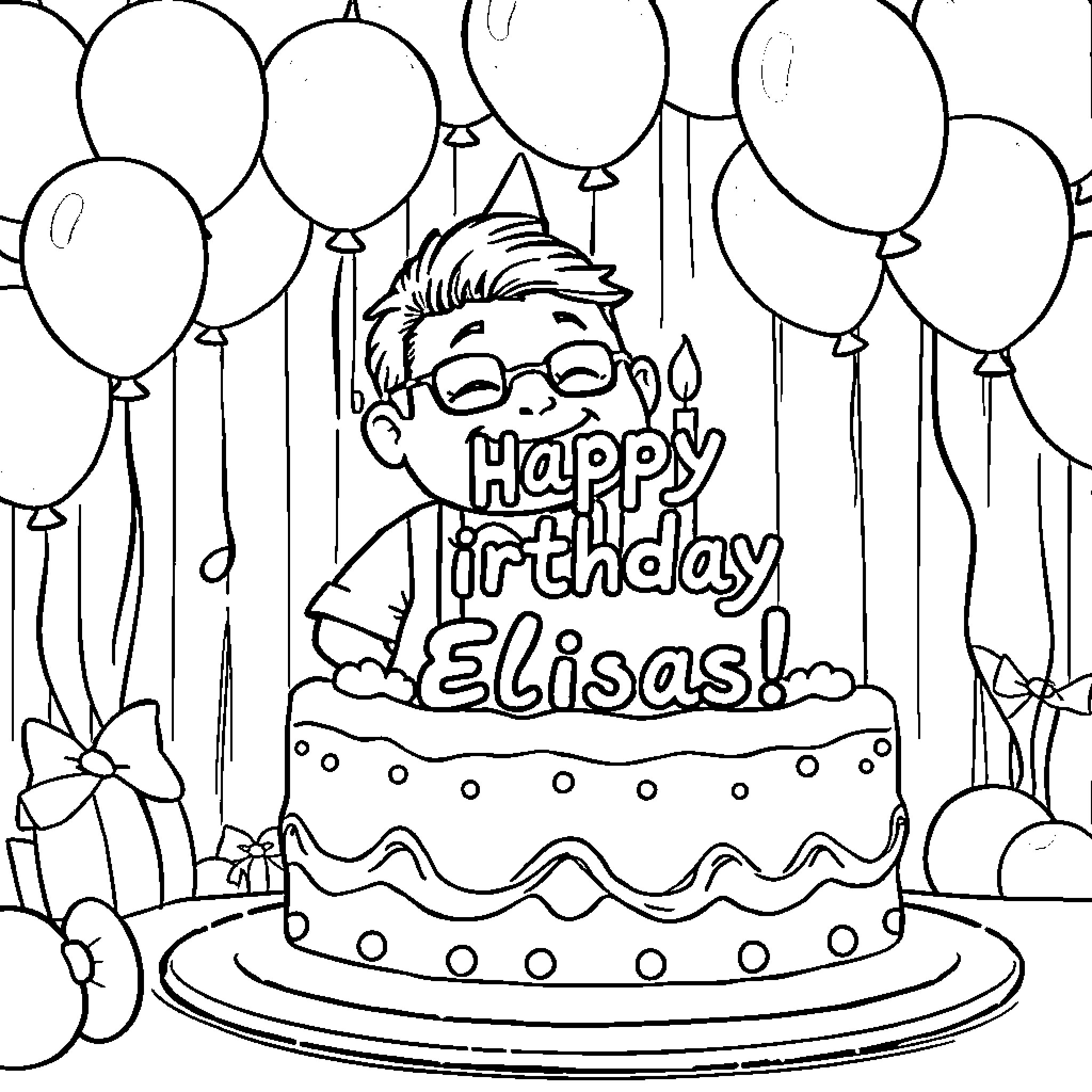 Danny Go celebrates Happy Birthday with cake and balloons Coloring Page (free black-and-white line drawing printable PDF for all, from beginners to advanced learners, including children, teens, adults, and seniors)