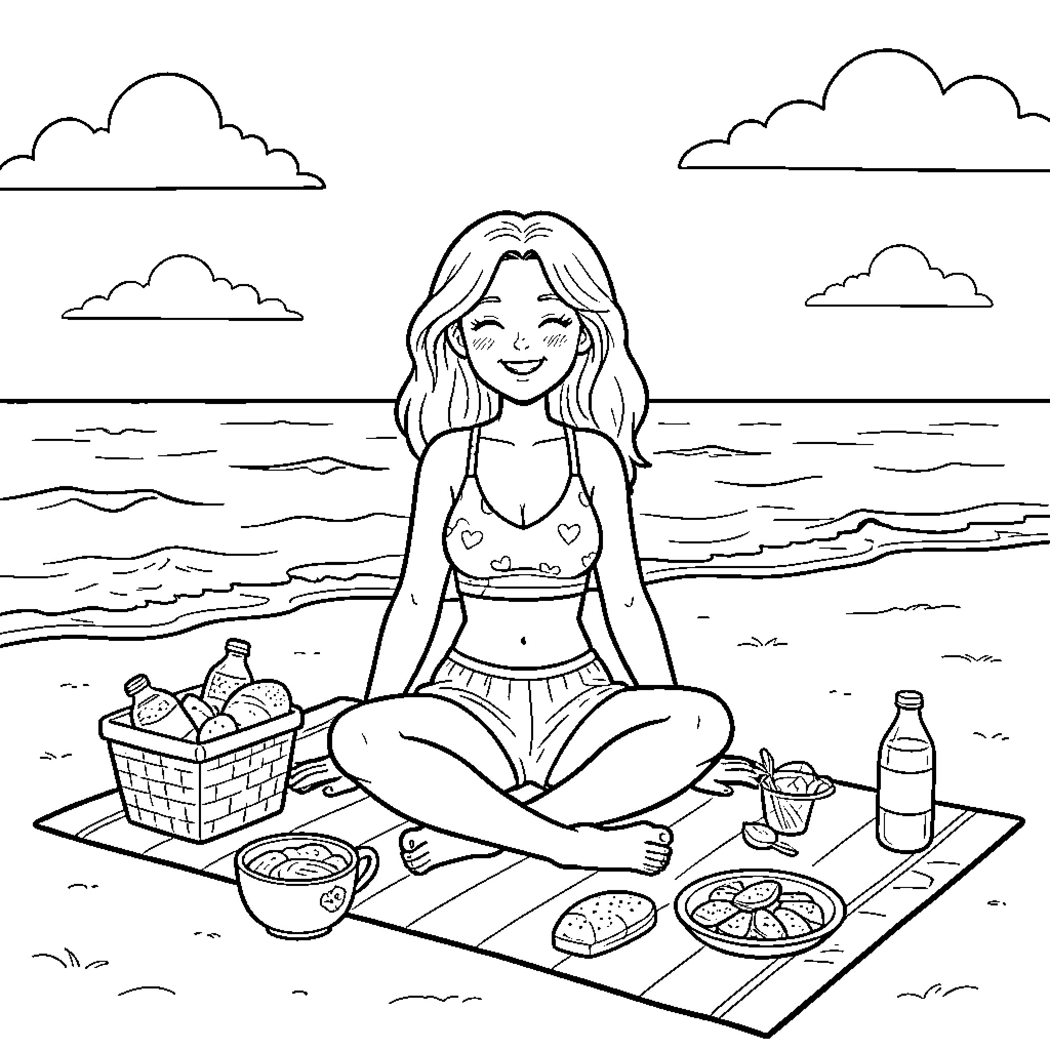 Bobbie relaxing on a beach picnic blanket Coloring Page (free black-and-white line drawing printable PDF for all, from beginners to advanced learners, including children, teens, adults, and seniors)