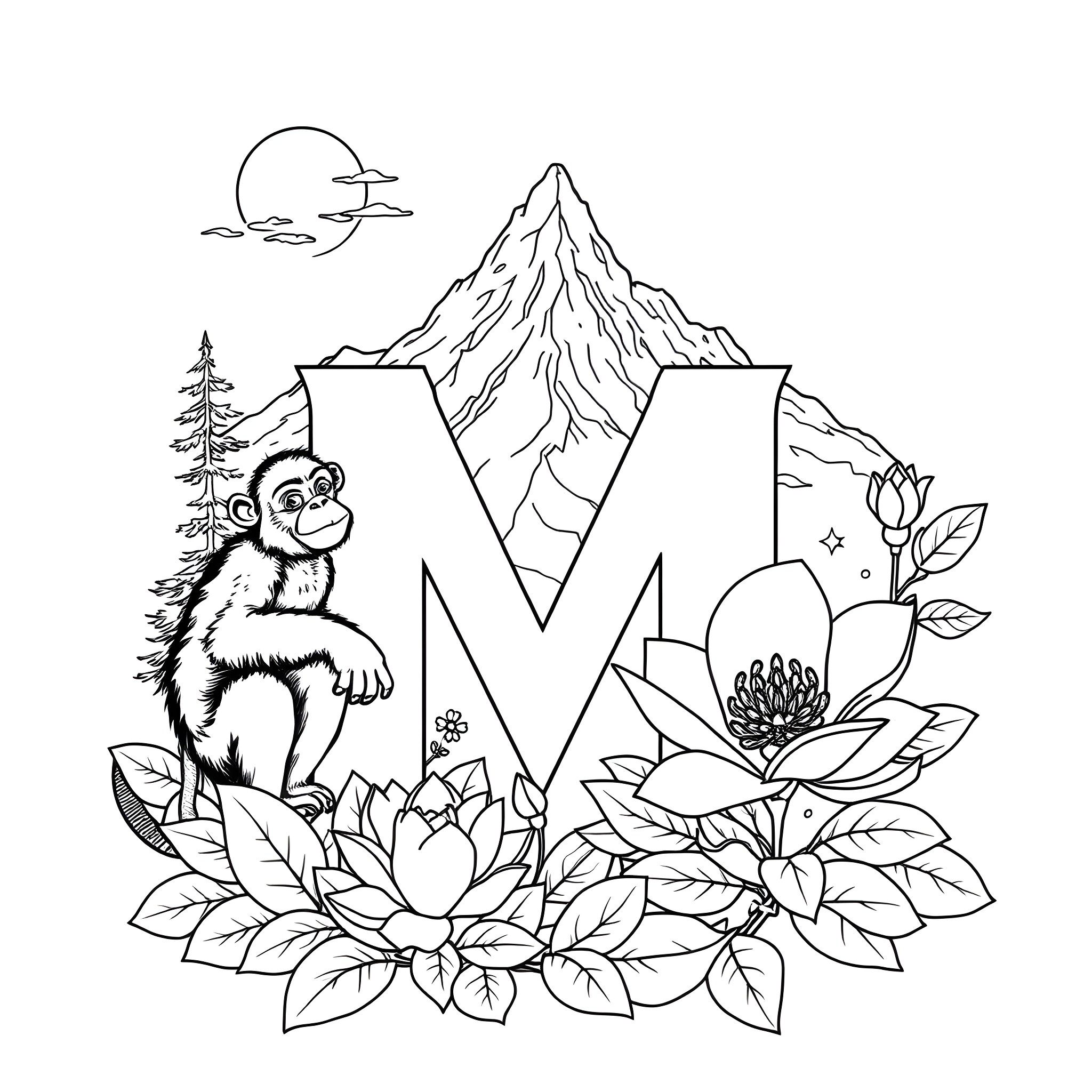 Letter M with mountain, monkey, and lotus flowers Coloring Page (free black-and-white line drawing printable PDF for all, from beginners to advanced learners, including children, teens, adults, and seniors)