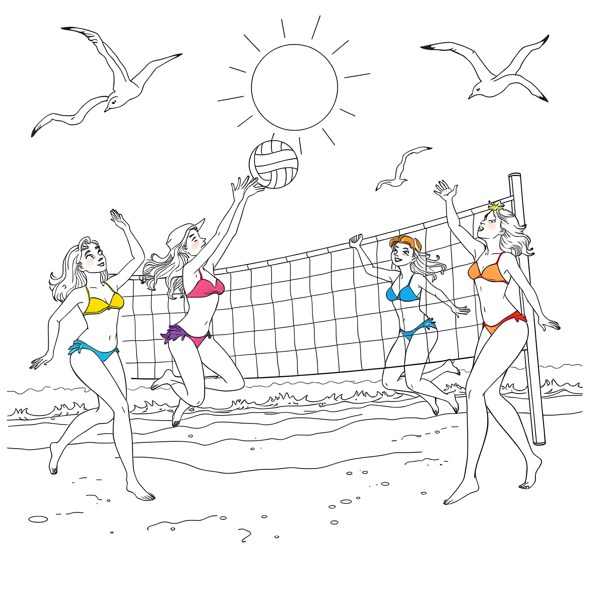 Girls playing beach volleyball on a sunny day Coloring Page (free black-and-white line drawing printable PDF for all, from beginners to advanced learners, including children, teens, adults, and seniors)