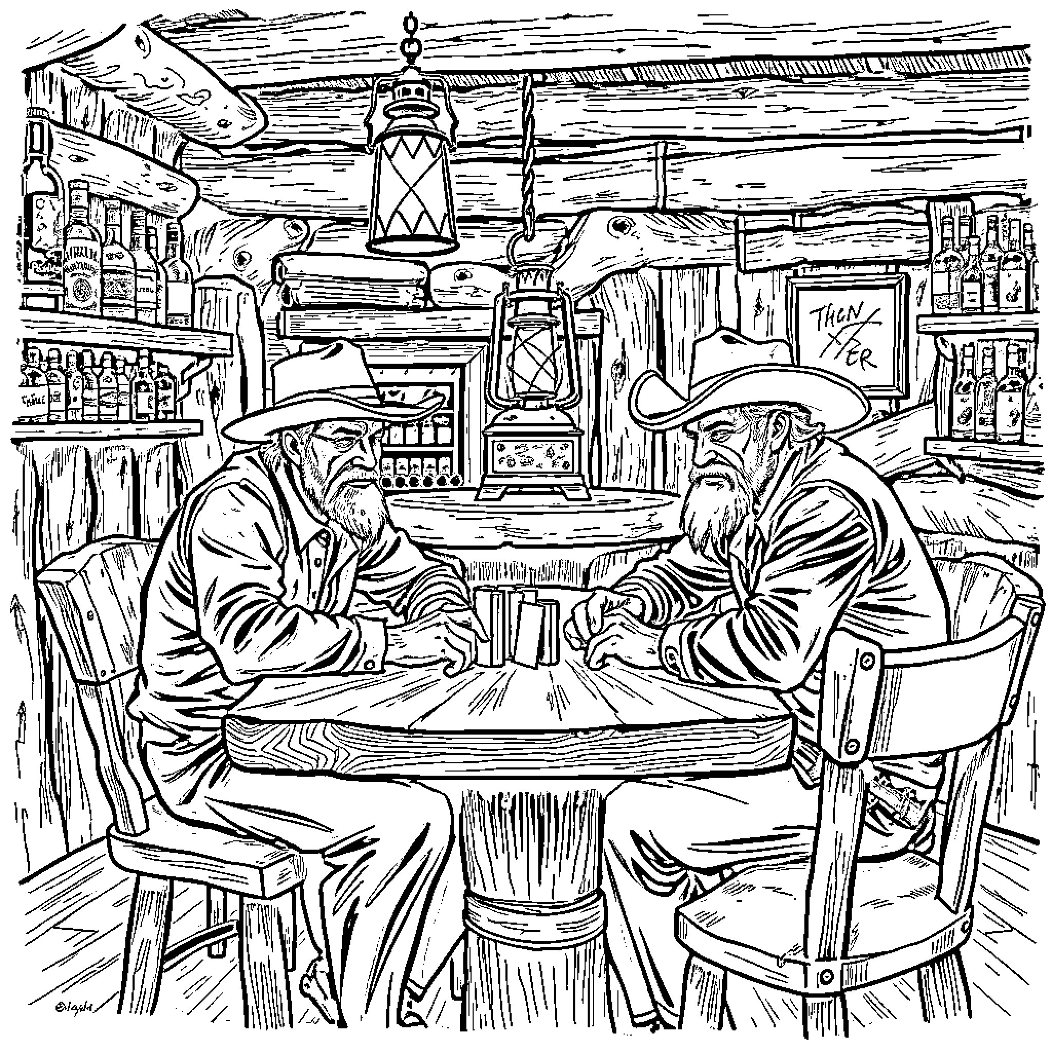 Scott Hall and companion discussing in a rustic bar Coloring Page (free black-and-white line drawing printable PDF for all, from beginners to advanced learners, including children, teens, adults, and seniors)